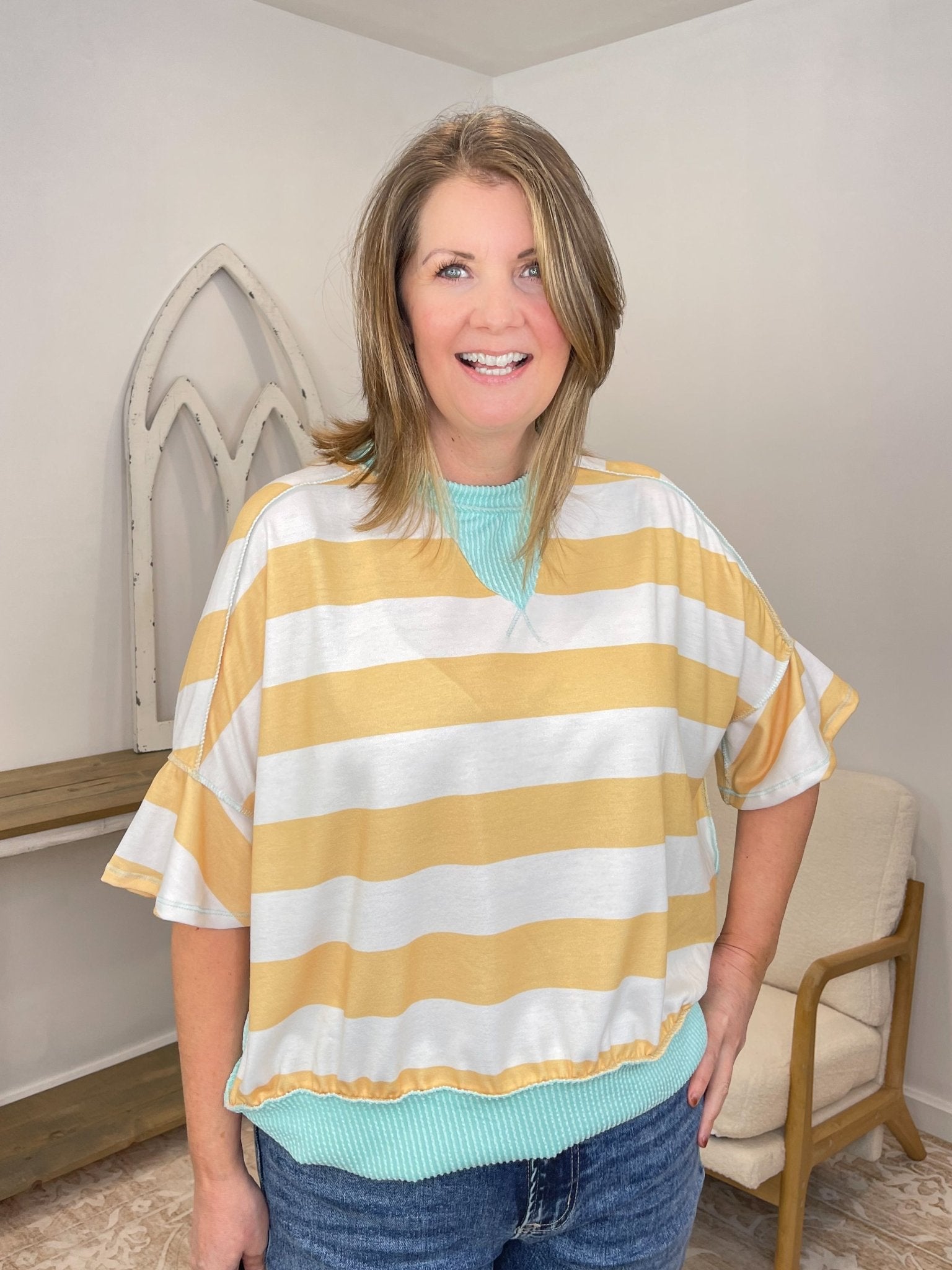 Striped Flutter Sleeve Terry Top - Yellow & Aqua - Lavender Hills BeautyHapticsHT7477B-BYAQ-S