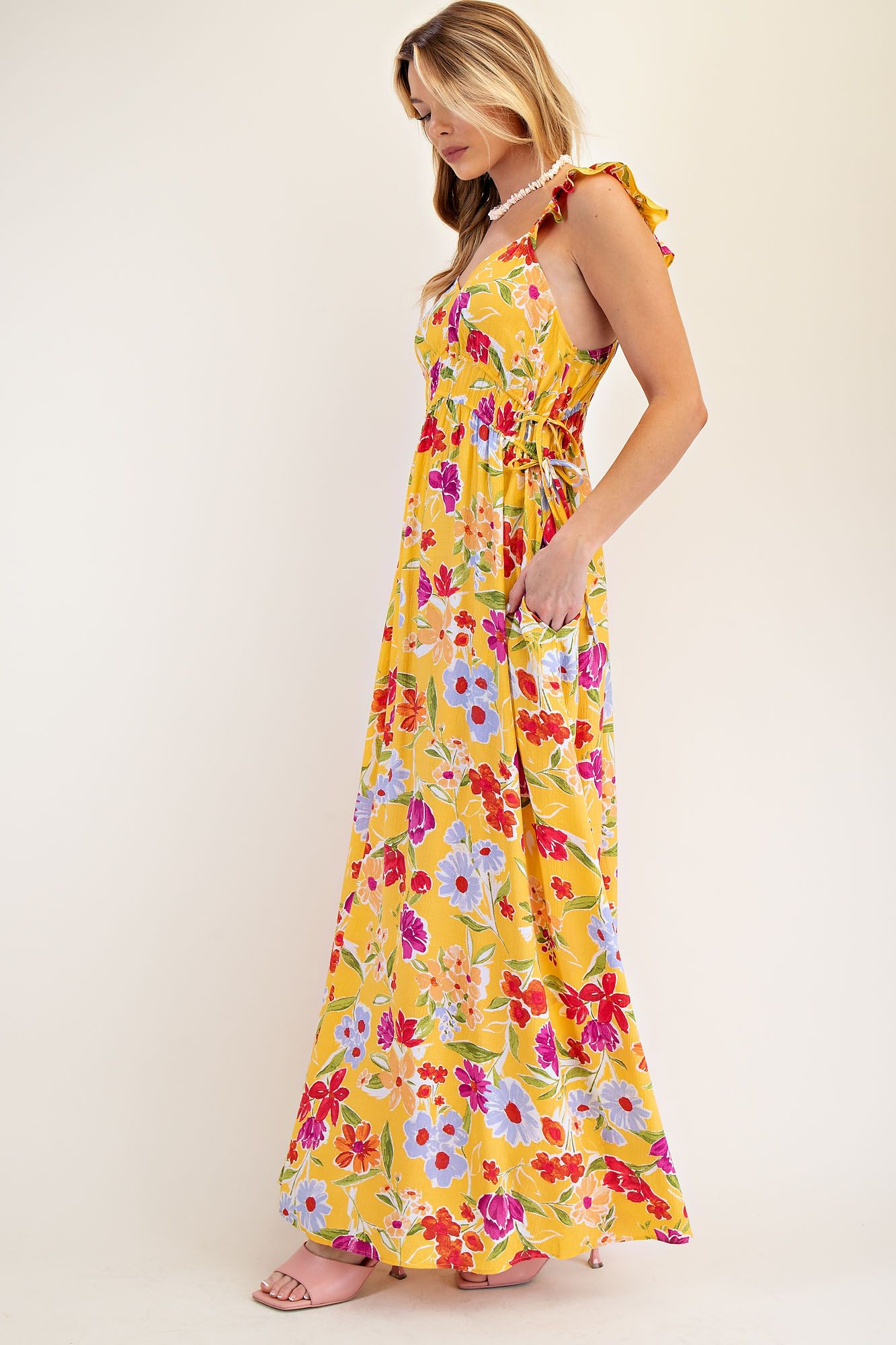 Summer Blossom Floral Ruffle Maxi Dress with Pockets - Lavender Hills BeautyEaselED23469A-S