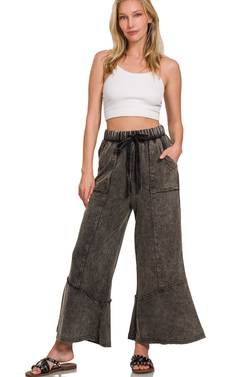 Easy Days Cropped Mineral Wash Wide Leg Flared Pants - Lavender Hills BeautyZenanaTPW-5253Y-1