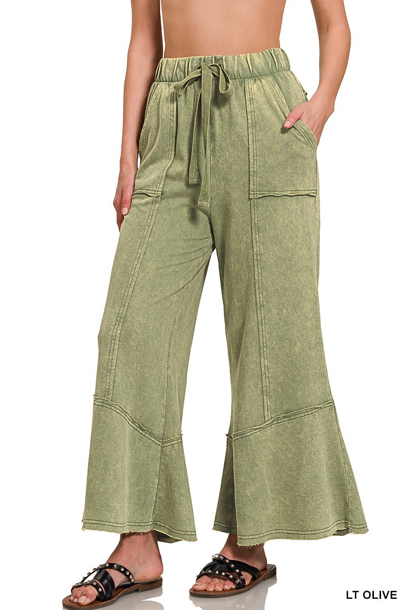 Easy Days Cropped Mineral Wash Wide Leg Flared Pants - Lavender Hills BeautyZenanaTPW-5253Y-4