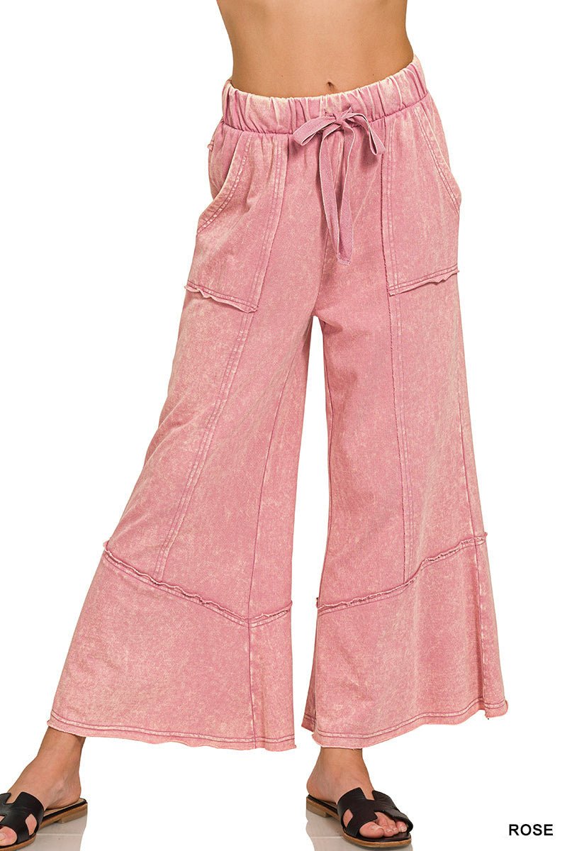 Easy Days Cropped Mineral Wash Wide Leg Flared Lounge Pants - Lavender Hills BeautyZenanaTPW - 5253Y - LTROS - S