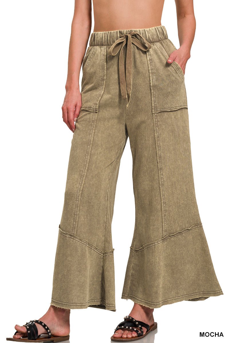 Easy Days Cropped Mineral Wash Wide Leg Flared Pants - Lavender Hills BeautyZenanaTPW-5253Y-3