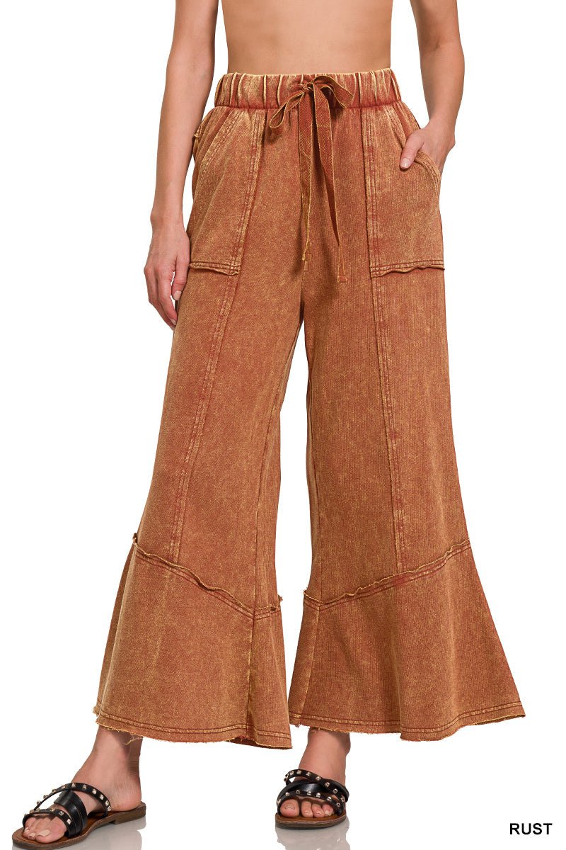 Easy Days Cropped Mineral Wash Wide Leg Flared Pants - Lavender Hills BeautyZenanaTPW-5253Y-3