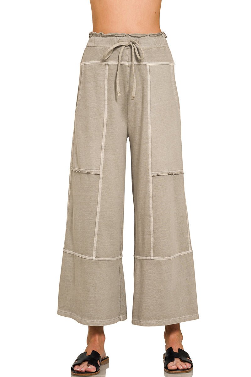 Low - Key Cropped Wide Leg Exposed Seam Wide Leg Lounge Pants - Lavender Hills BeautyZenanaTPW-5355Y-ASHMCH-S