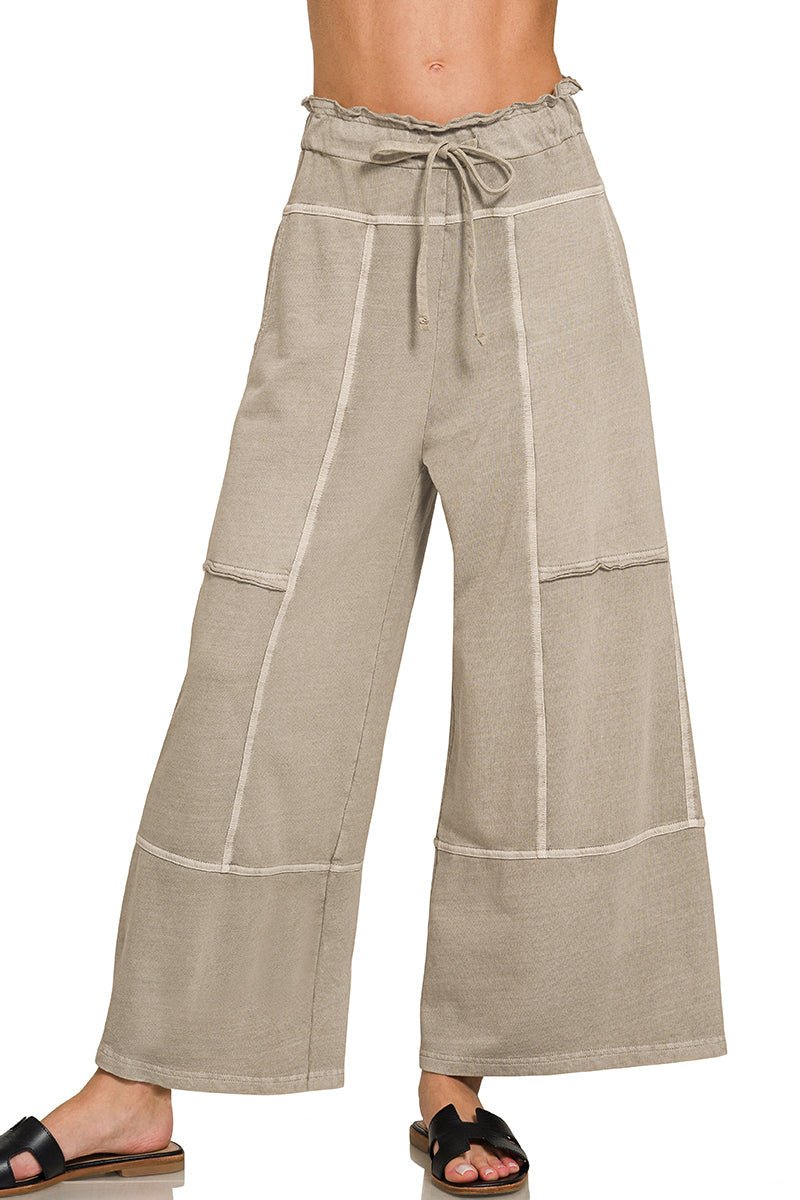 Low - Key Cropped Wide Leg Exposed Seam Wide Leg Lounge Pants - Lavender Hills BeautyZenanaTPW-5355Y-BLK-S