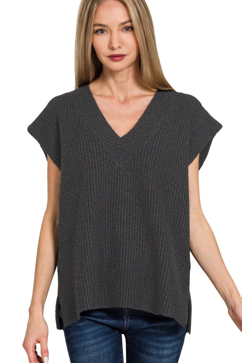 V - Neck Short Sleeve Sweater Vest Top - Black - Lavender Hills BeautyZenanaTW - 2582Y - BLK - S