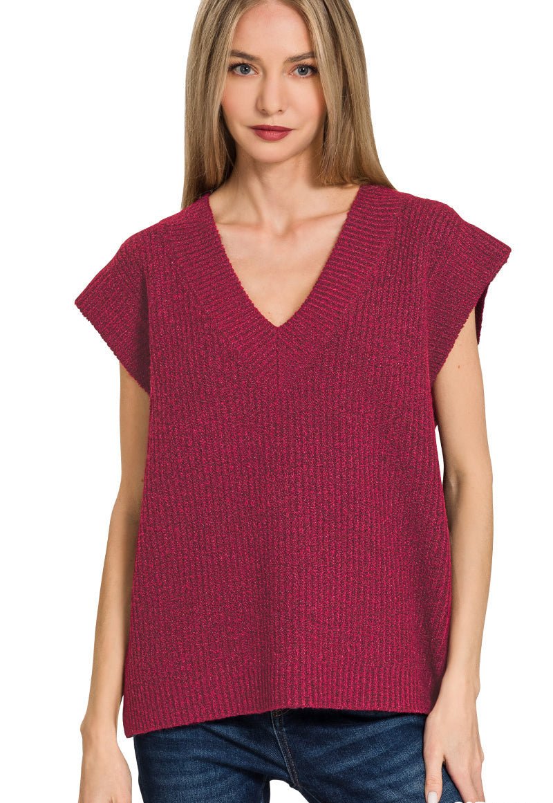 V - Neck Short Sleeve Sweater Vest Top - Cabernet - Lavender Hills BeautyZenanaTW - 2582Y - CAB - S