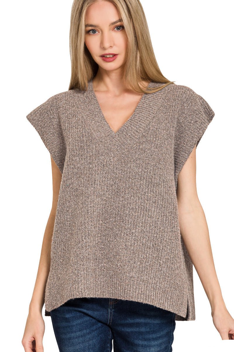 V - Neck Short Sleeve Sweater Vest Top - Mocha - Lavender Hills BeautyZenanaTW - 2582Y - MCH - S