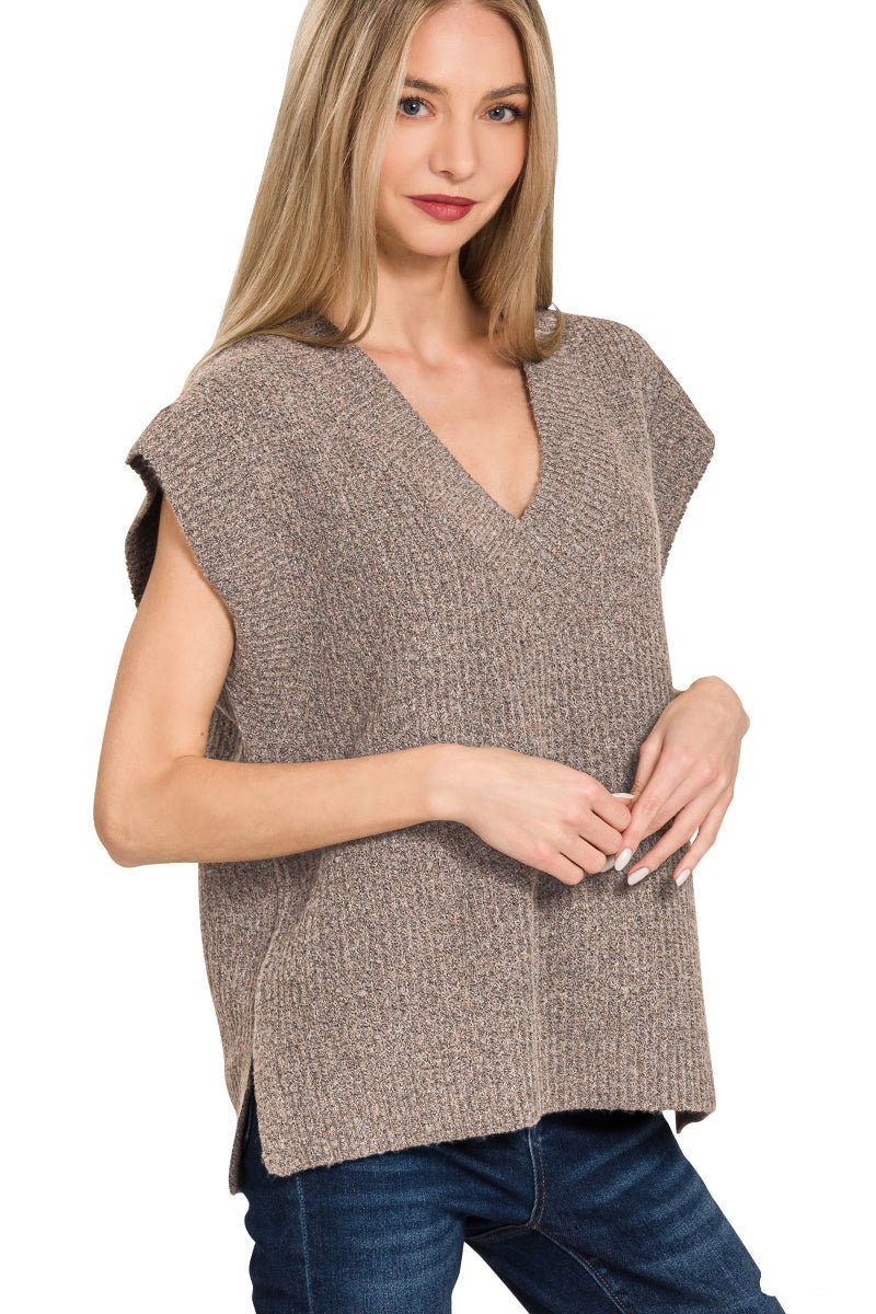 V - Neck Short Sleeve Sweater Vest Top - Mocha - Lavender Hills BeautyZenanaTW - 2582Y - MCH - S