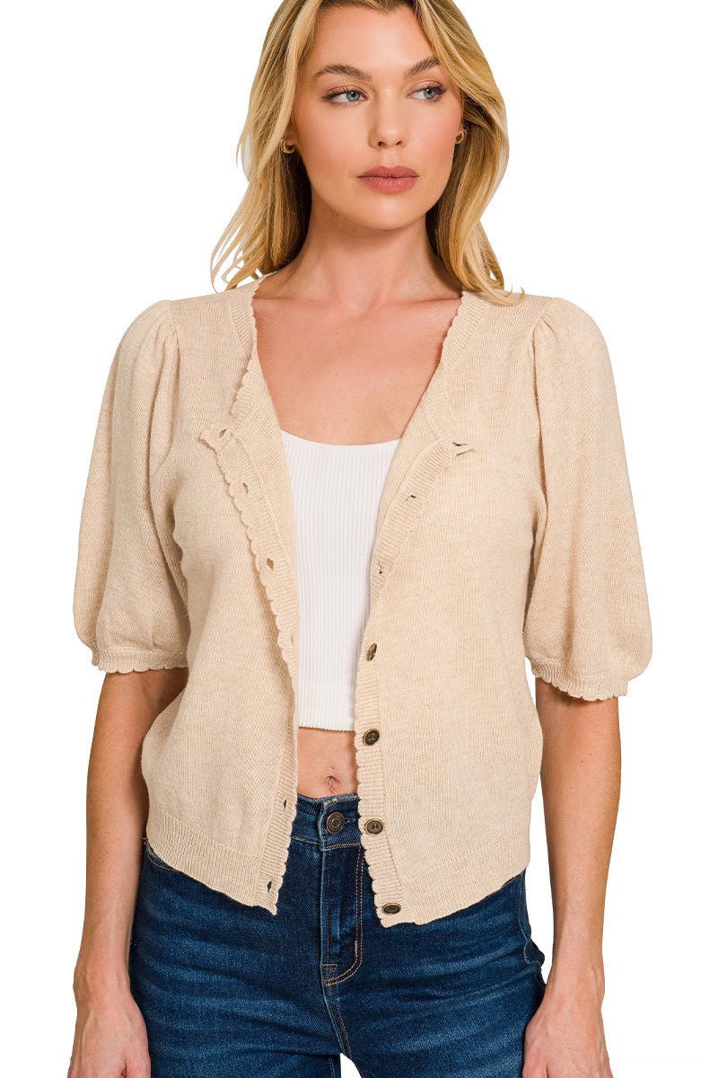 Oatmeal Puff Sleeve Scallop Trim Cardigan - Lavender Hills BeautyZenanaTW-2714Y-HBGE-S-1