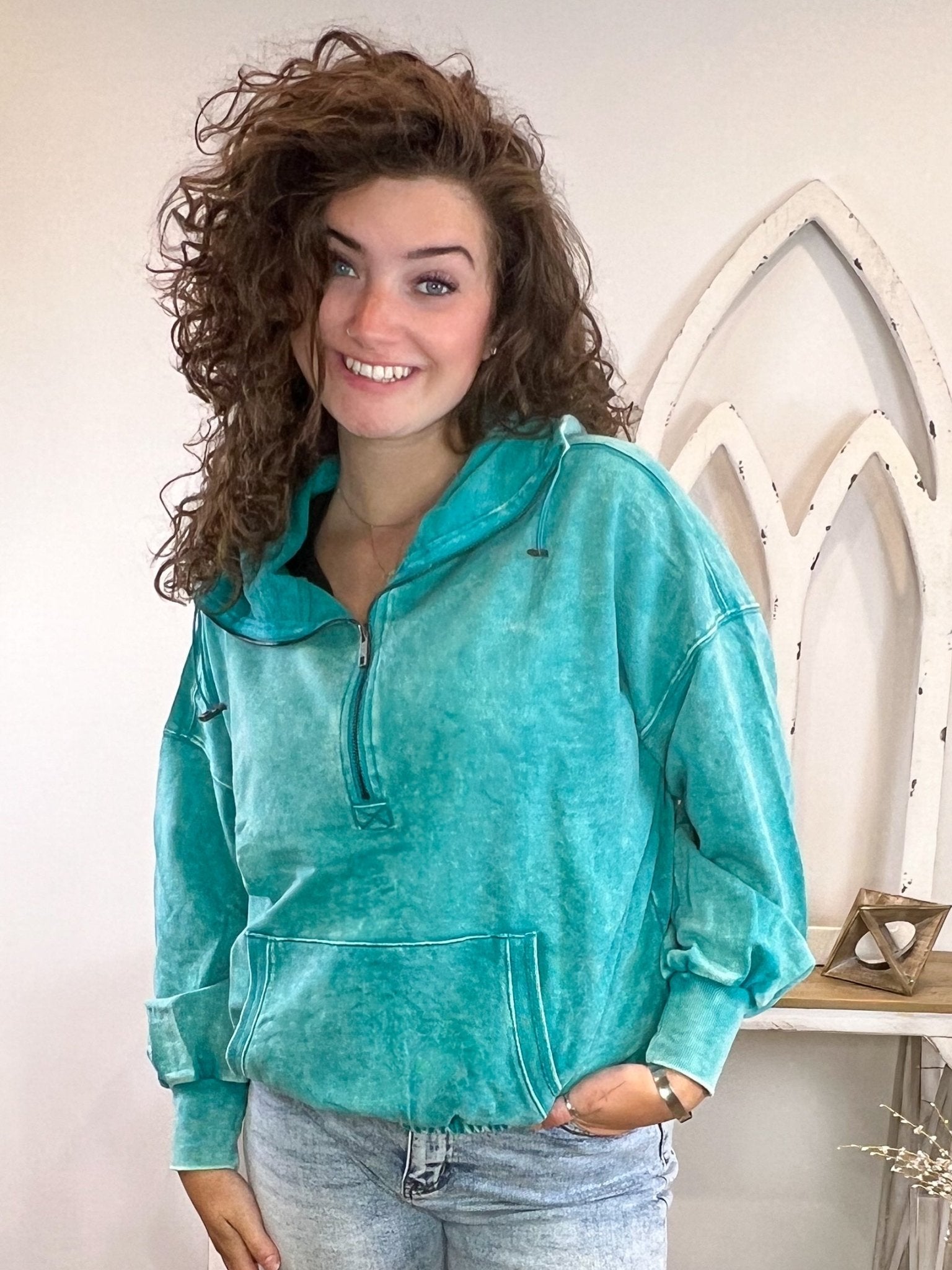 Turquoise Acid Wash Pocket Hoodie Pullover Top Shirt - Lavender Hills BeautyZenana