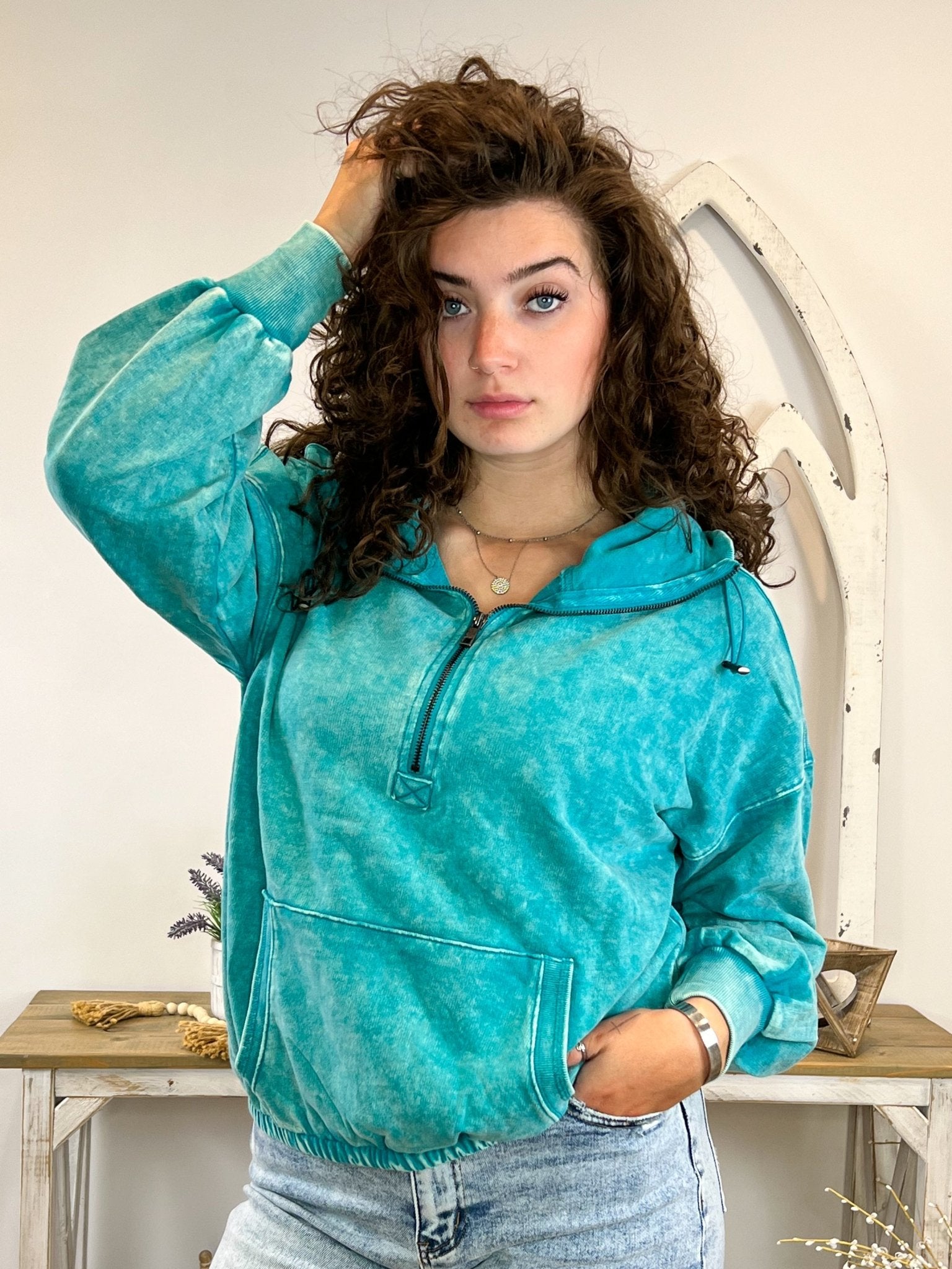 Turquoise Acid Wash Pocket Hoodie Pullover Top Shirt - Lavender Hills BeautyZenana