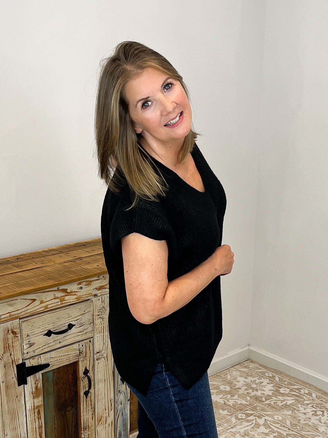 V - Neck Short Sleeve Sweater Vest Top - Black - Lavender Hills BeautyZenanaTW - 2582Y - BLK - S