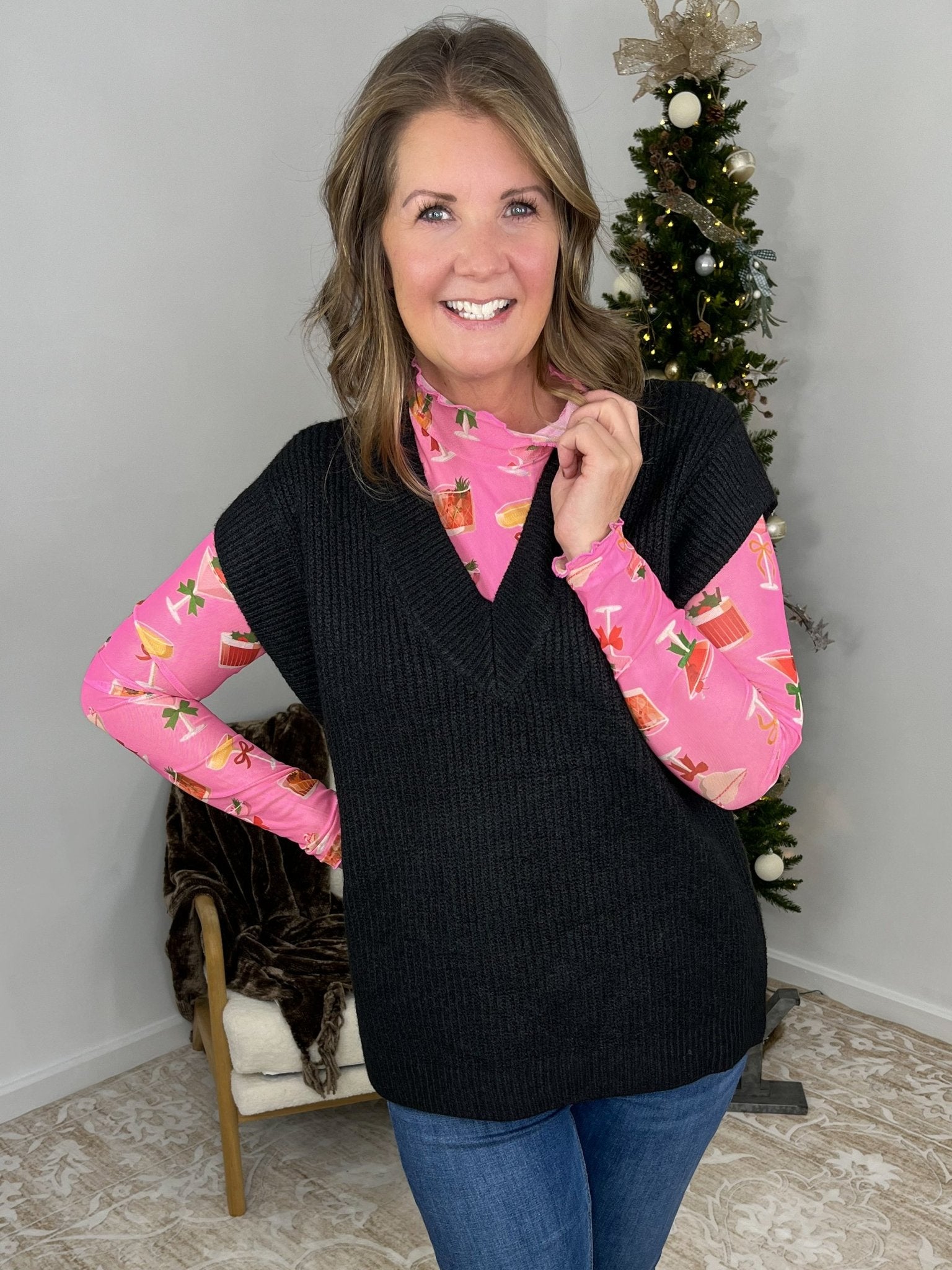 V - Neck Short Sleeve Sweater Vest Top - Black - Lavender Hills BeautyZenanaTW-2582Y-BLK-S