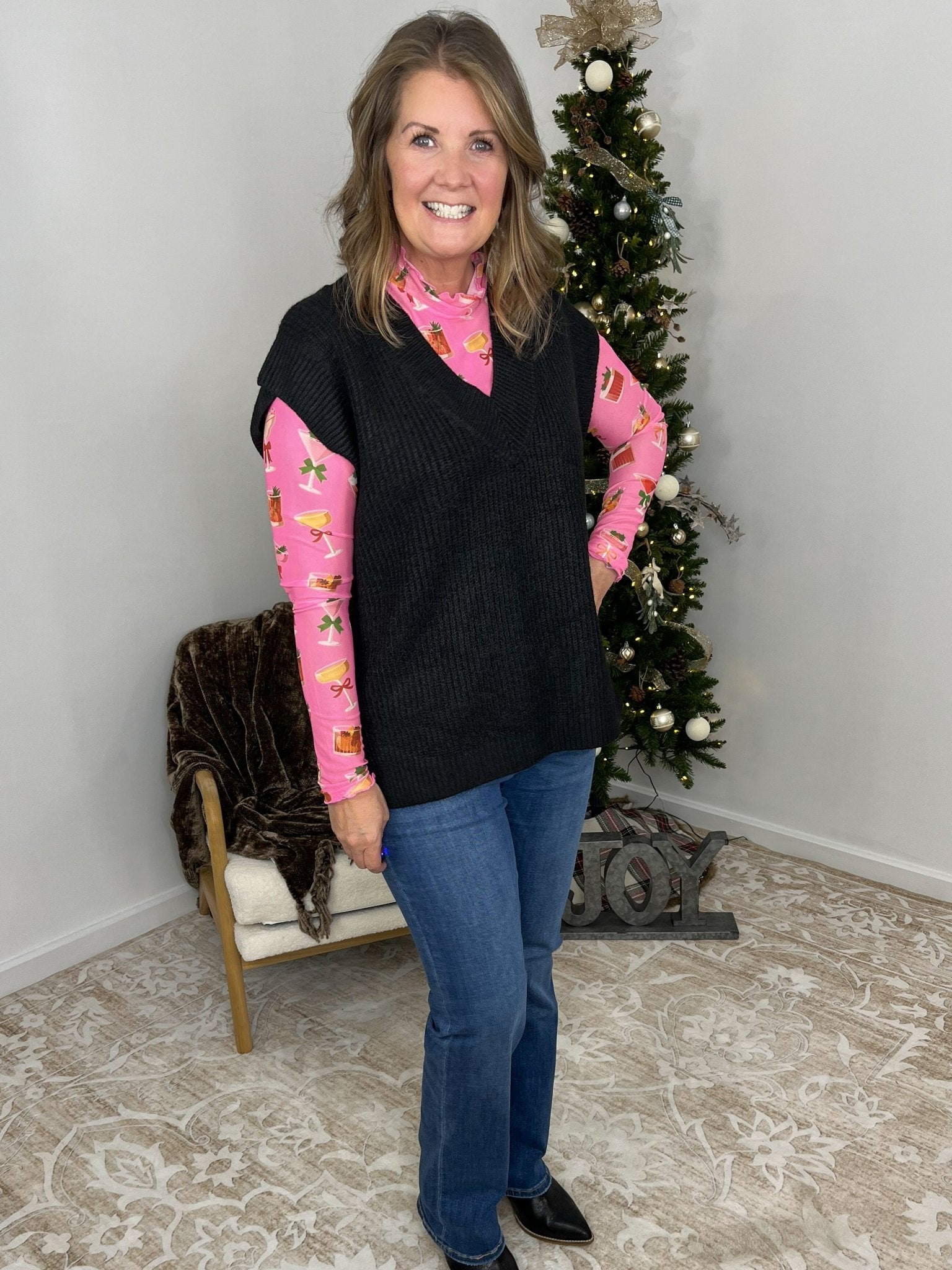 V - Neck Short Sleeve Sweater Vest Top - Black - Lavender Hills BeautyZenanaTW-2582Y-BLK-S