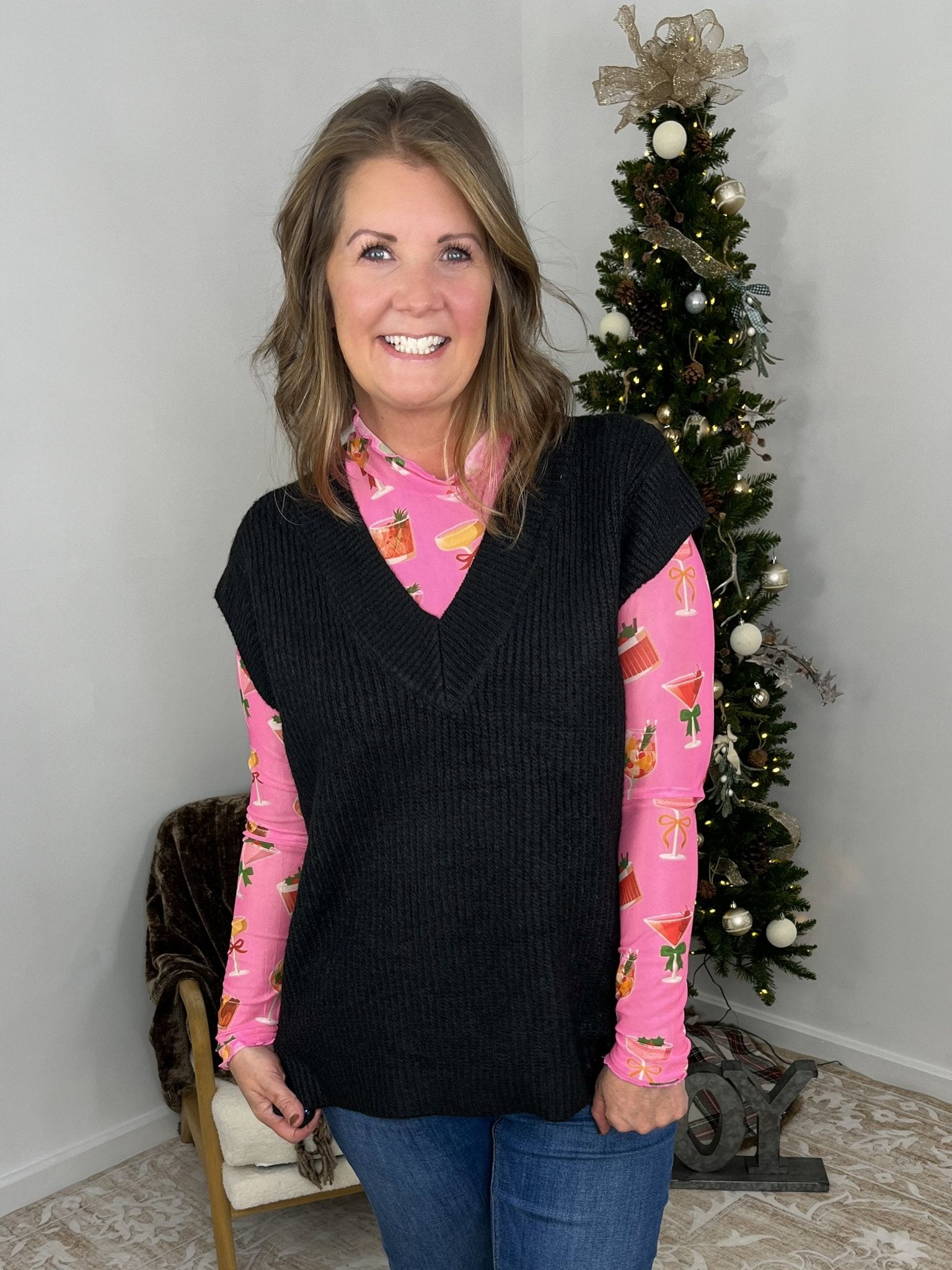 V - Neck Short Sleeve Sweater Vest Top - Black - Lavender Hills BeautyZenanaTW-2582Y-BLK-S