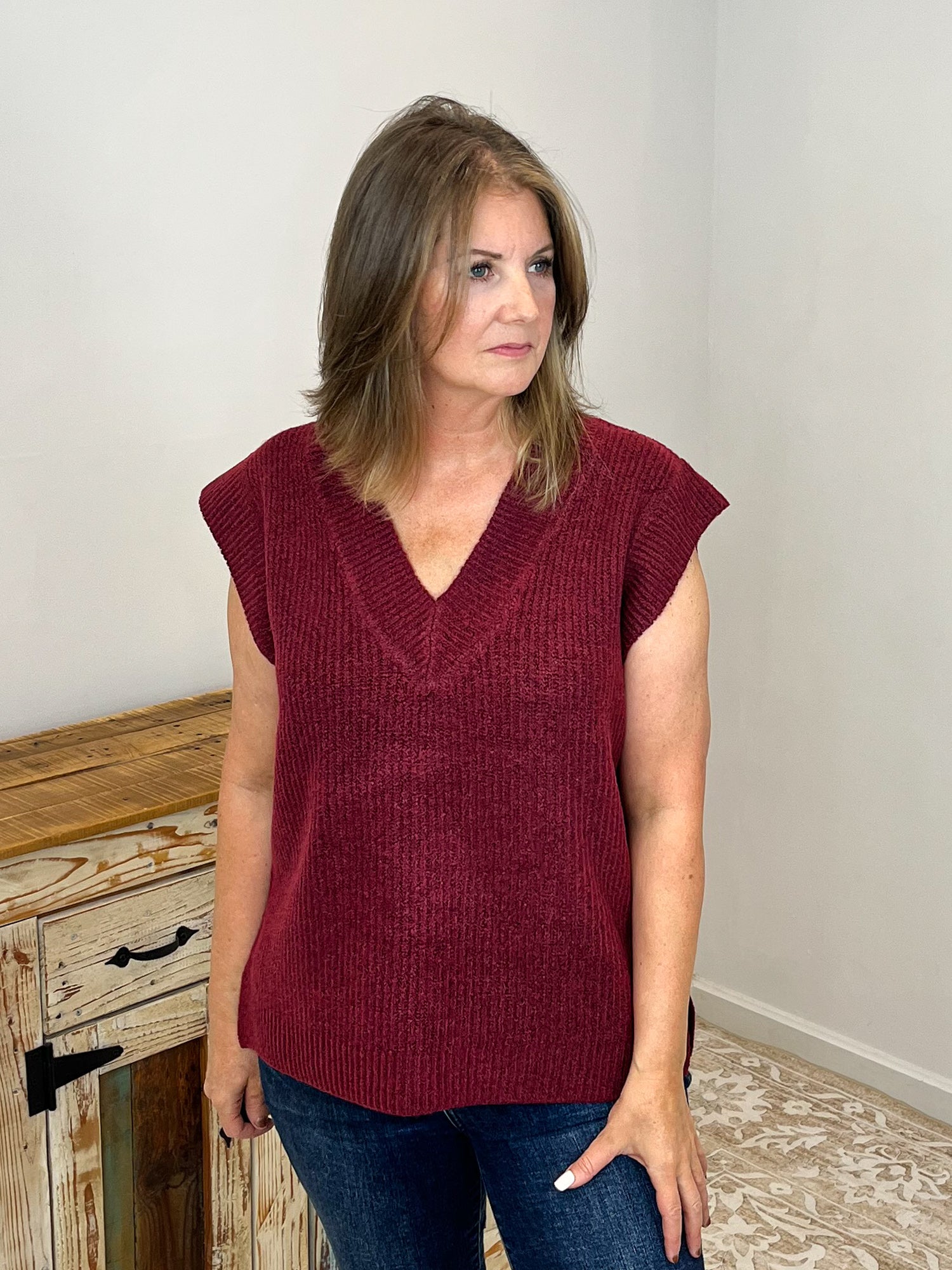 V - Neck Short Sleeve Sweater Vest Top - Cabernet - Lavender Hills BeautyZenanaTW - 2582Y - CAB - S