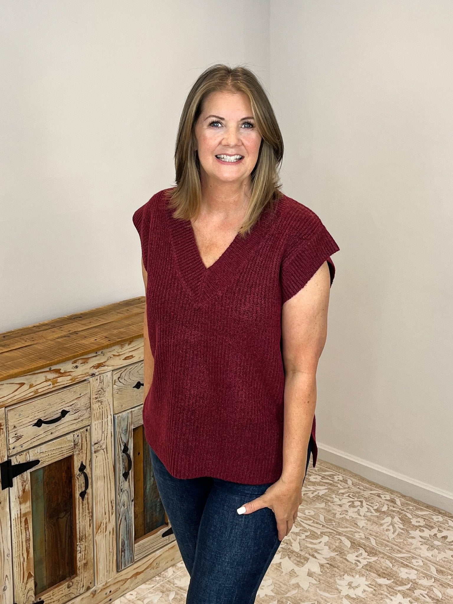 V - Neck Short Sleeve Sweater Vest Top - Cabernet - Lavender Hills BeautyZenanaTW - 2582Y - CAB - S