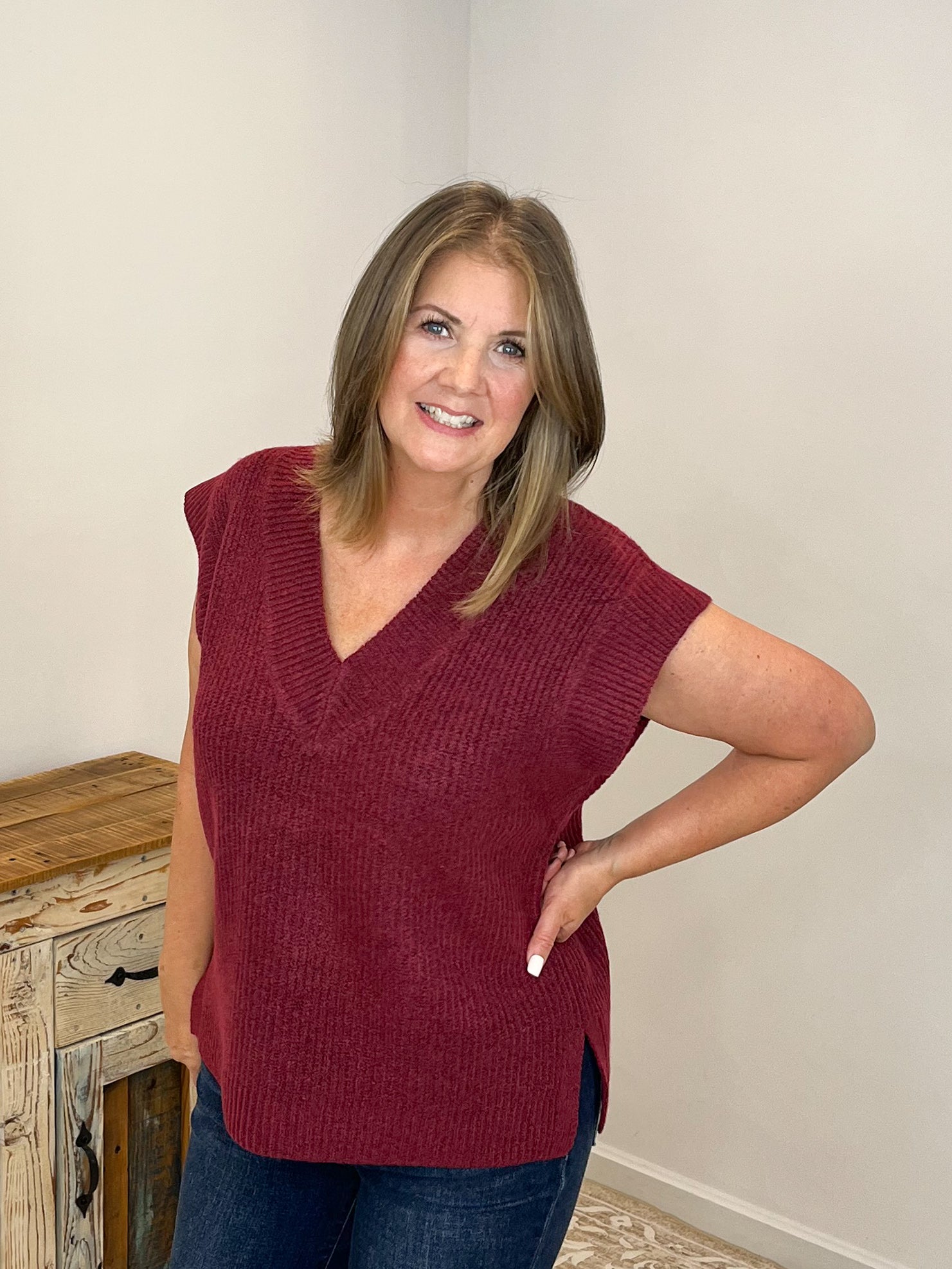 V - Neck Short Sleeve Sweater Vest Top - Cabernet - Lavender Hills BeautyZenanaTW - 2582Y - CAB - S