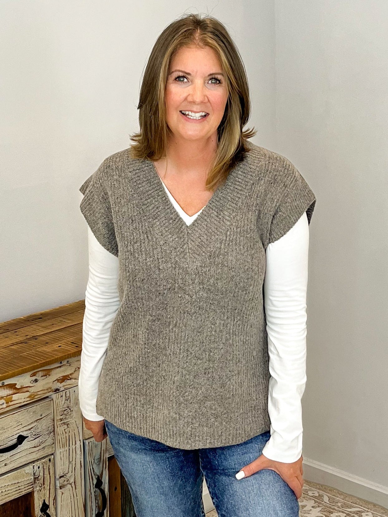 V - Neck Short Sleeve Sweater Vest Top - Mocha - Lavender Hills BeautyZenanaTW - 2582Y - MCH - S