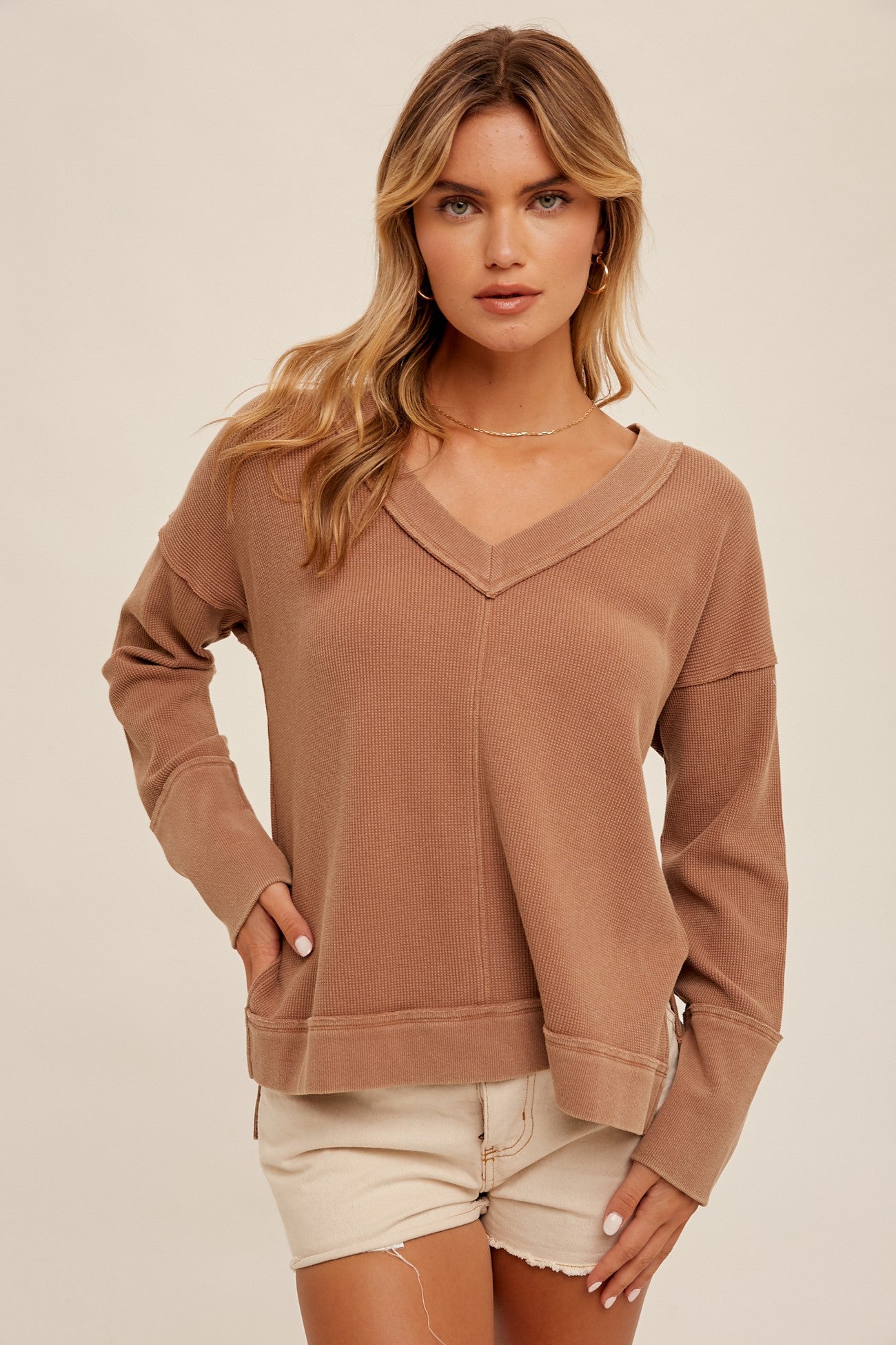 V Neck Thermal Knit Long Sleeve Top