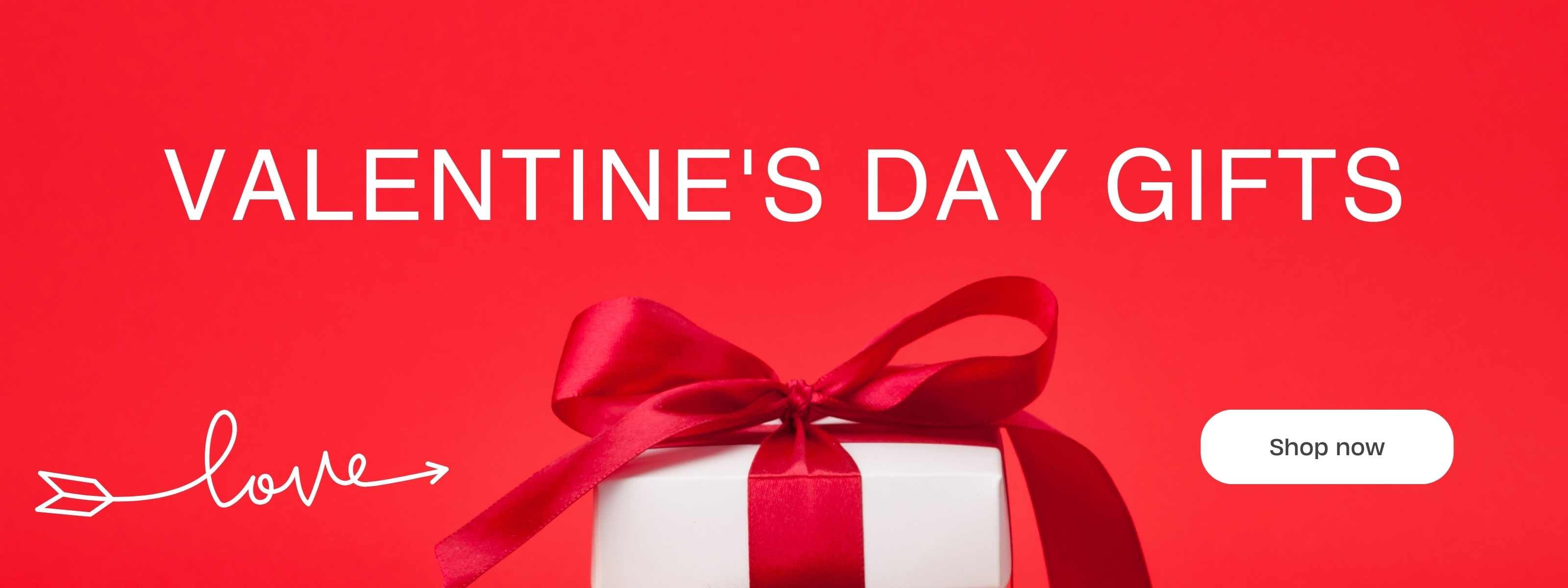 Red background with a white gift box and red ribbon, featuring 'Valentine's Day Gifts' text.