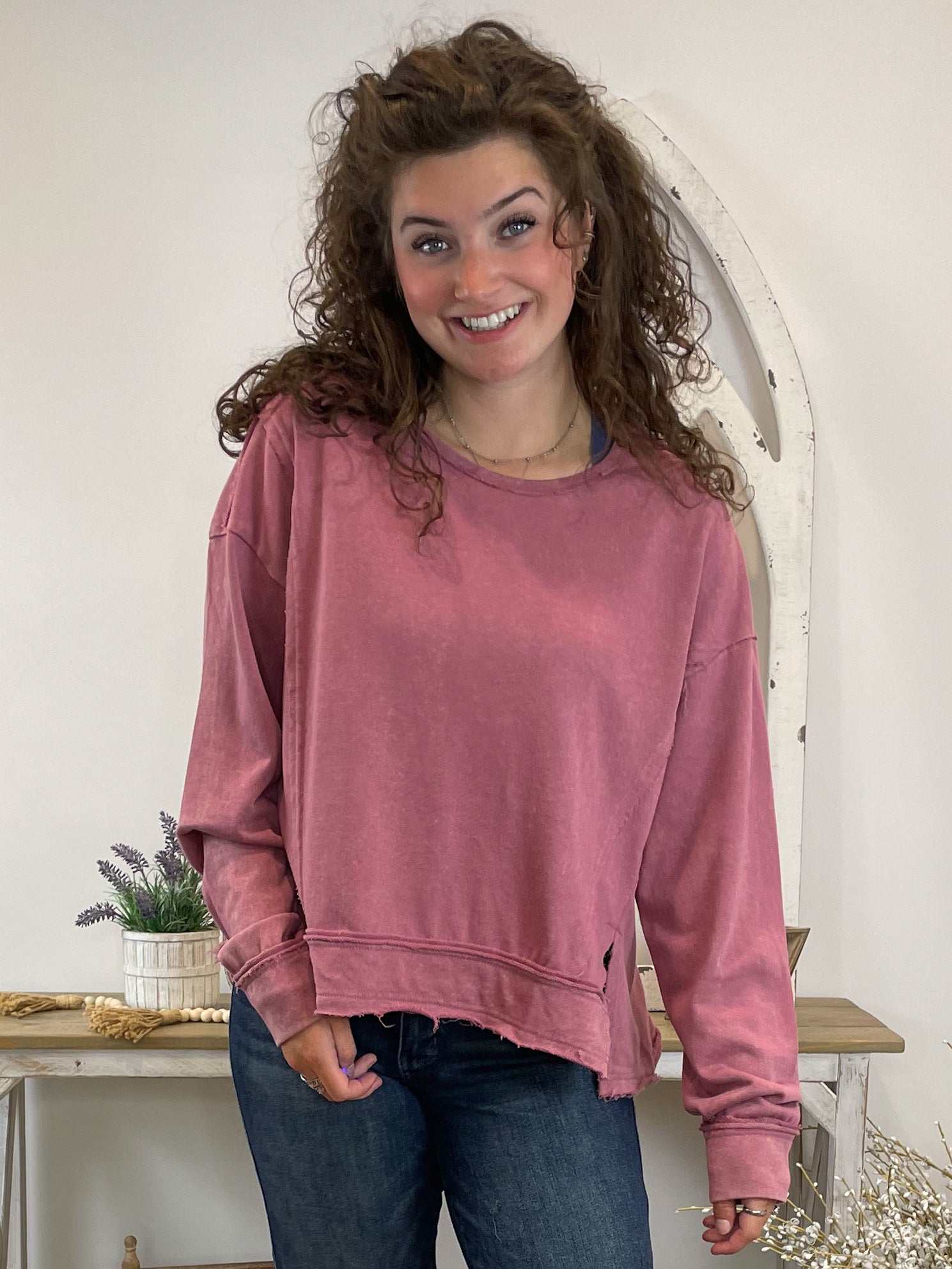 Vintage Raw Hem Mineral Washed Sweatshirt Pullover - Rose - Lavender Hills BeautyVery JNT11145 - 120R - ROS - S