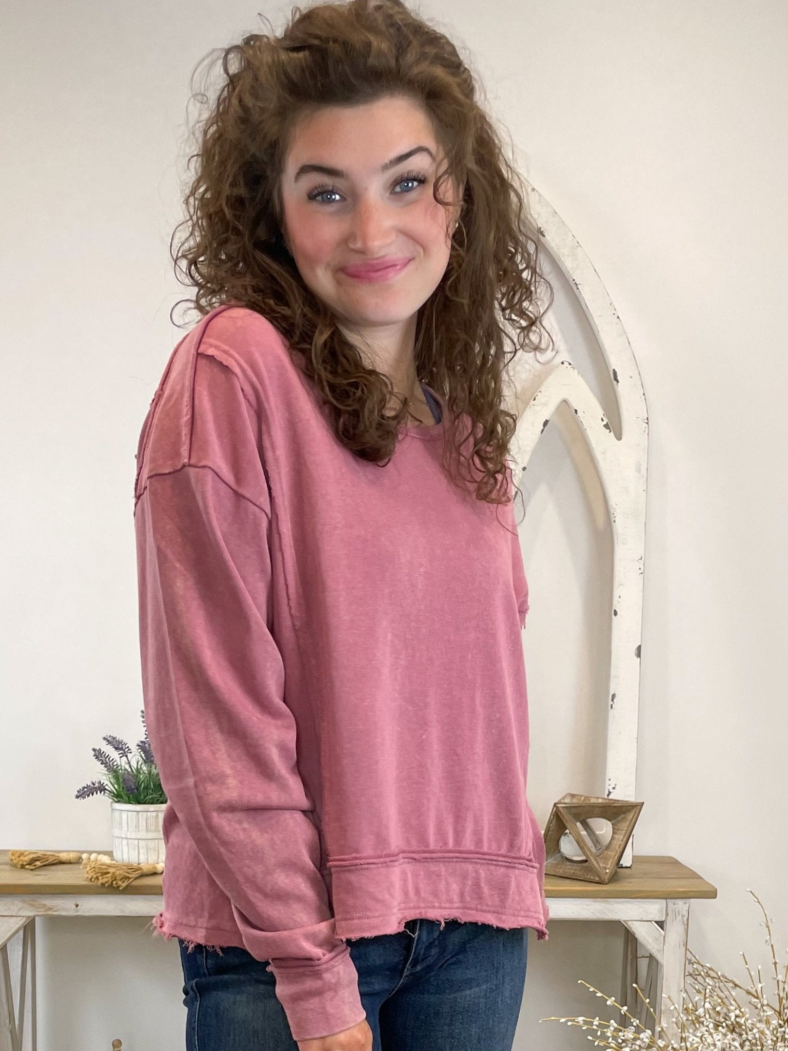 Vintage Raw Hem Mineral Washed Sweatshirt Pullover - Rose - Lavender Hills BeautyVery JNT11145 - 120R - ROS - S