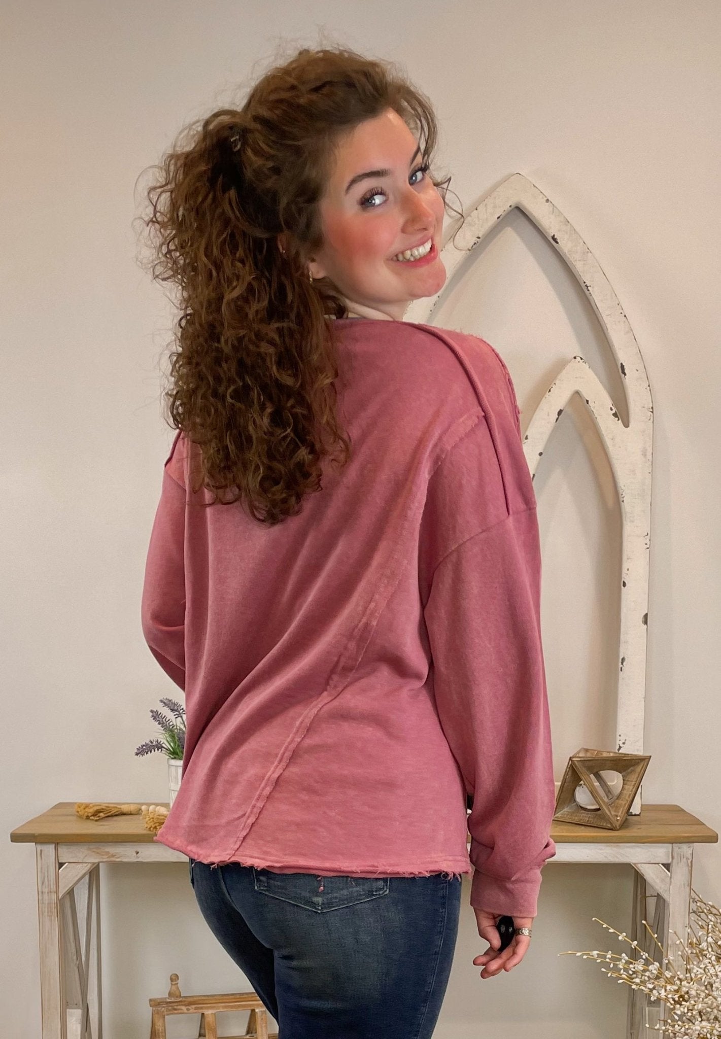 Vintage Raw Hem Mineral Washed Sweatshirt Pullover - Rose - Lavender Hills BeautyVery JNT11145 - 120R - ROS - S