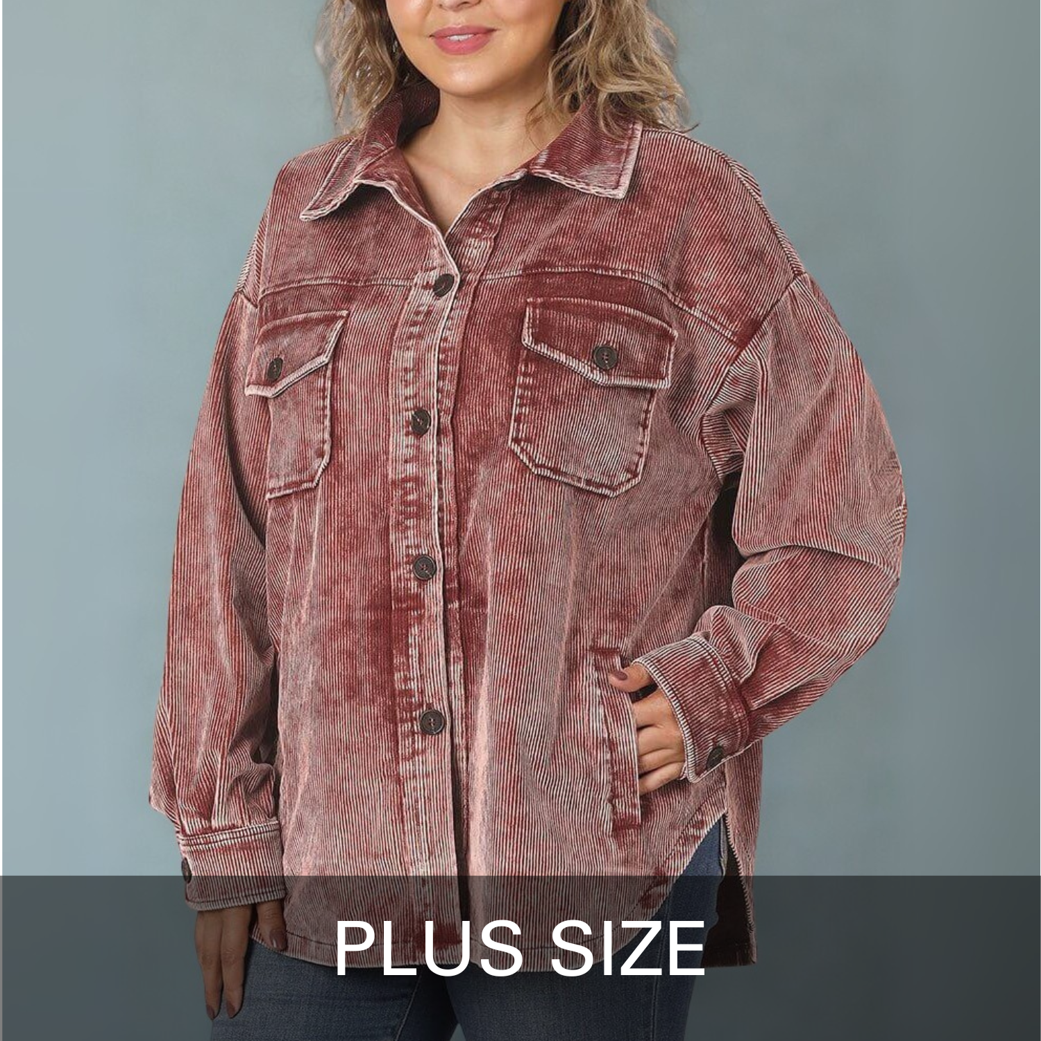 Person wearing a red denim jacket with 'Plus Size' text on a gray background