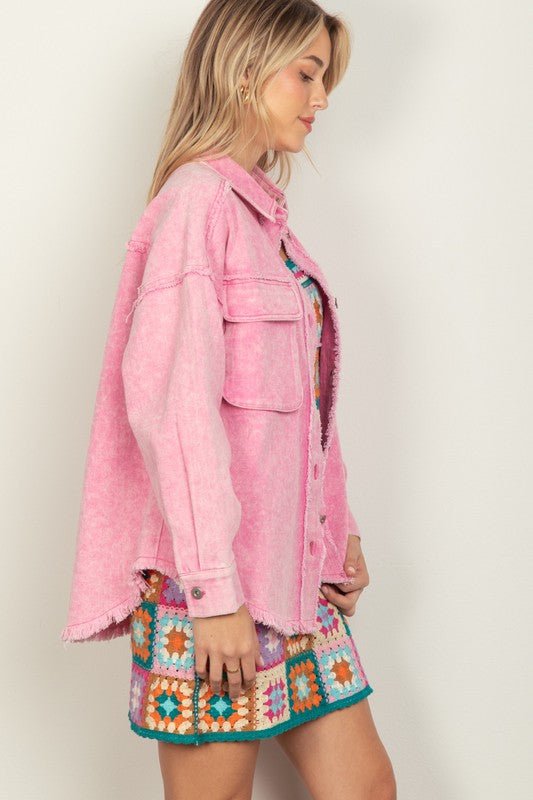 Washed Oversized Denim Chambray Jacket - Pink - Lavender Hills BeautyVery J