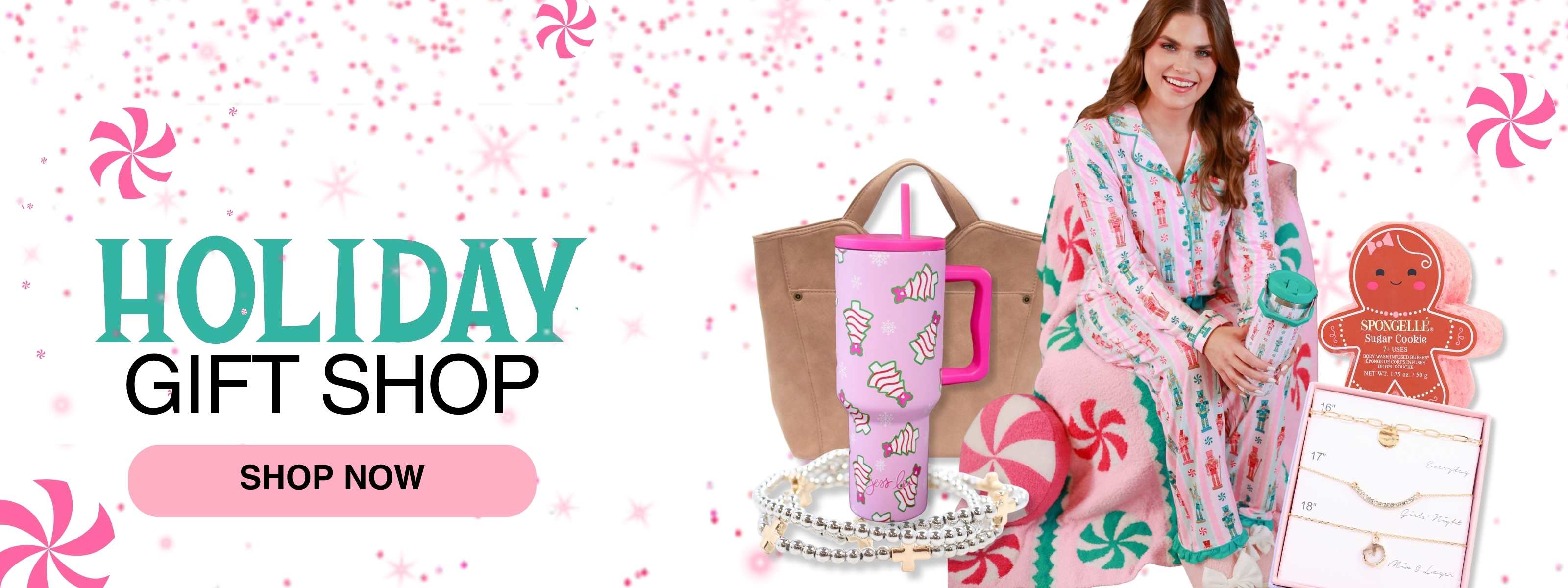 holiday gift shop with gift ideas surrounding a woman in holiday pajamas