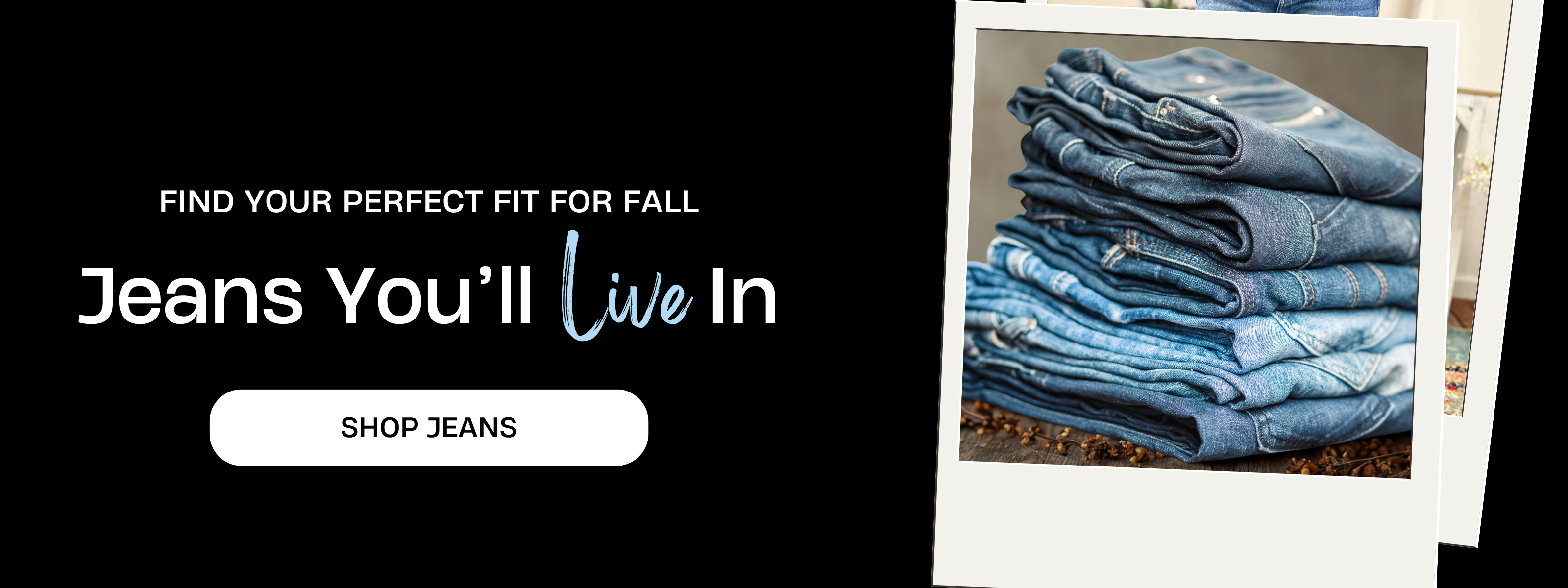 Promotional banner for jeans with text and a stack of folded jeans on a black background