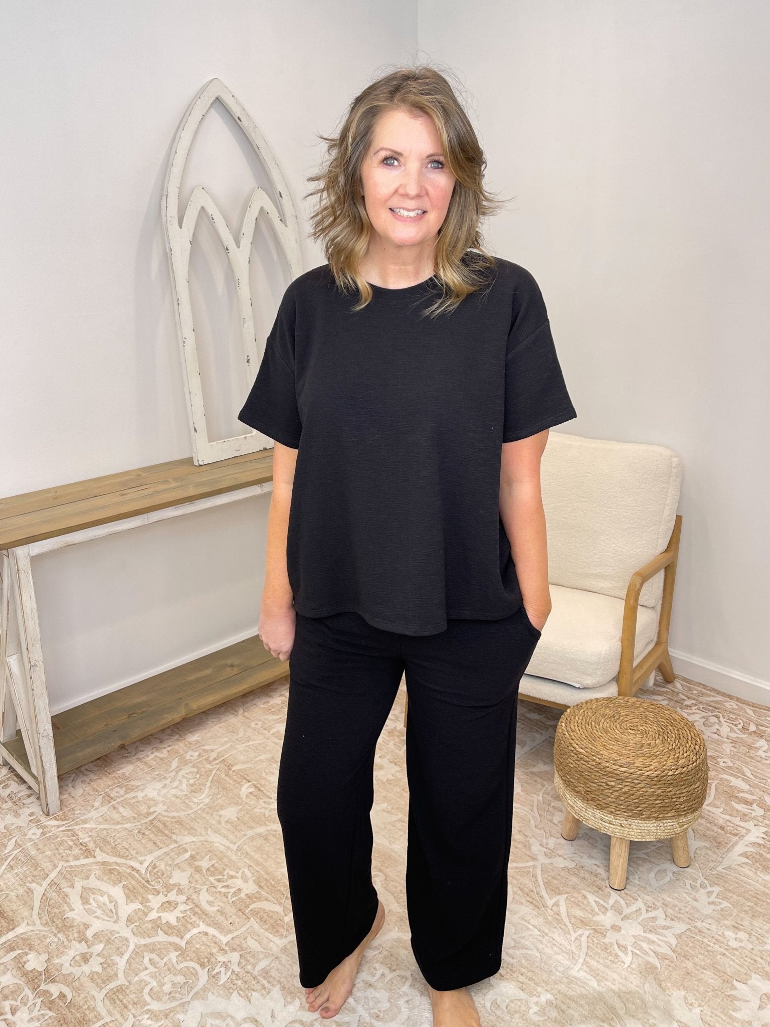 Weekend Breeze - 2 Piece Short Sleeve Top & Pants Set - Lavender Hills BeautyZenanaCTCP-3661D4-BLK-S