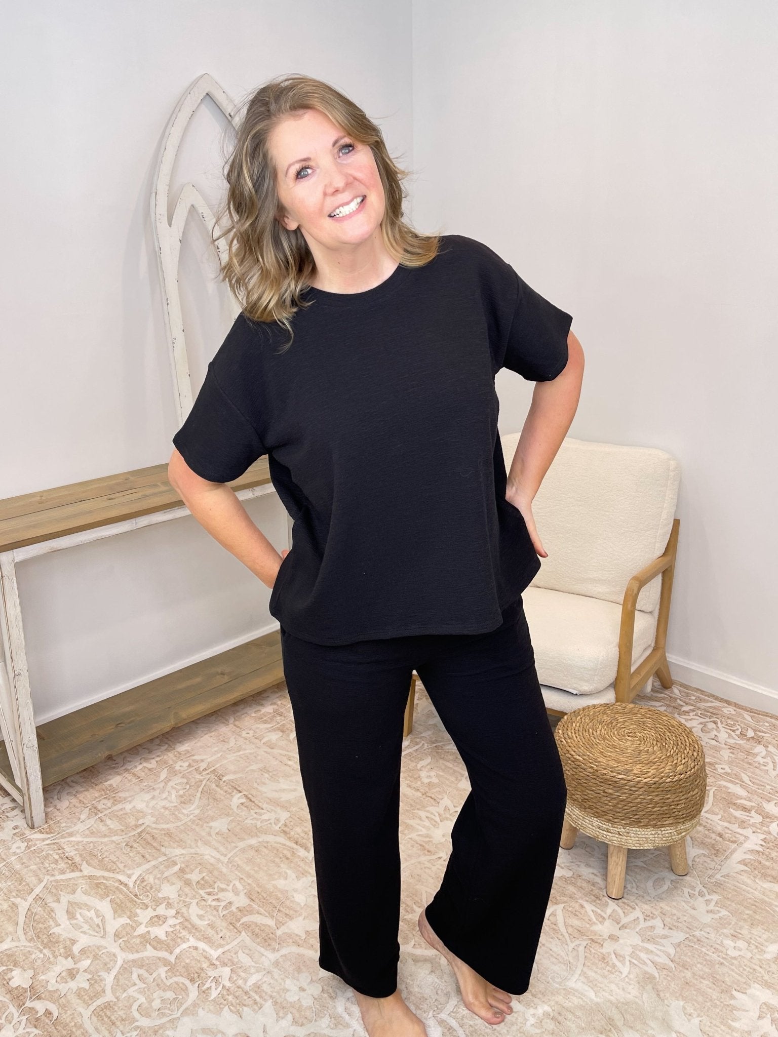 Weekend Breeze - 2 Piece Short Sleeve Top & Pants Set - Lavender Hills BeautyZenanaCTCP-3661D4-BLK-S