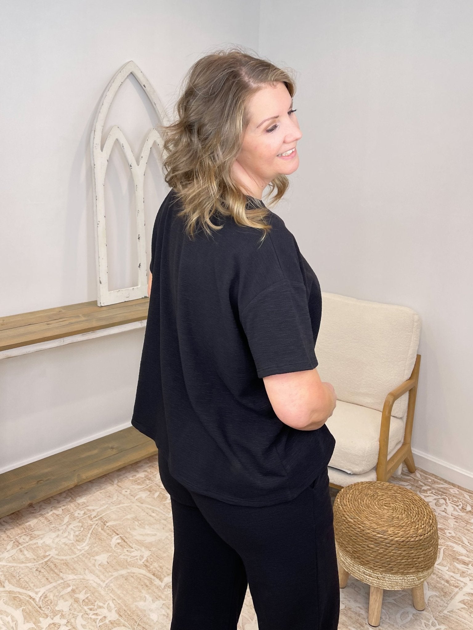 Weekend Breeze - 2 Piece Short Sleeve Top & Pants Set - Lavender Hills BeautyZenanaCTCP-3661D4-BLK-S