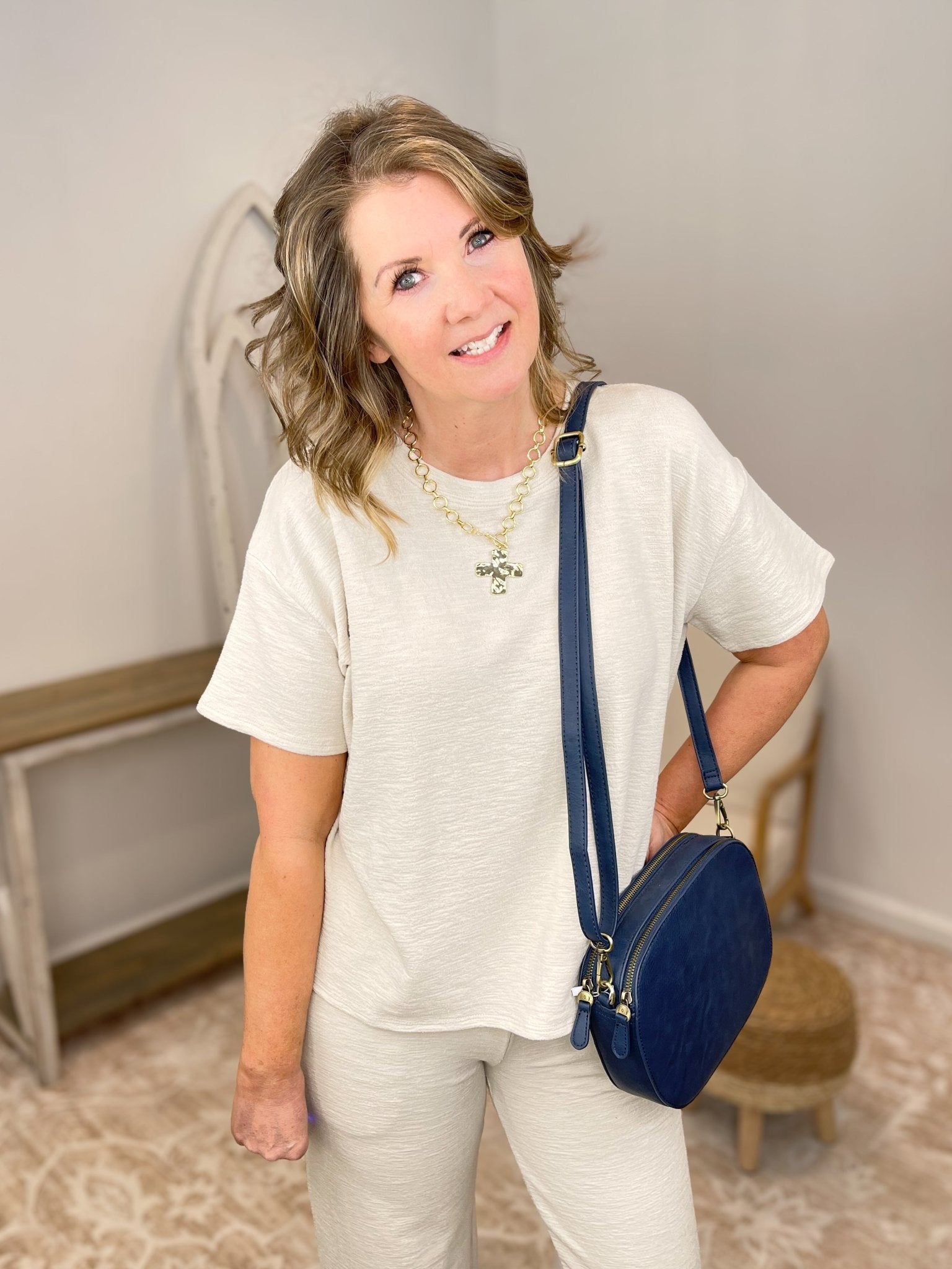 Weekend Breeze - 2 Piece Short Sleeve Top & Pants Set - Lavender Hills BeautyZenanaCTCP-3661D4-BLK-S