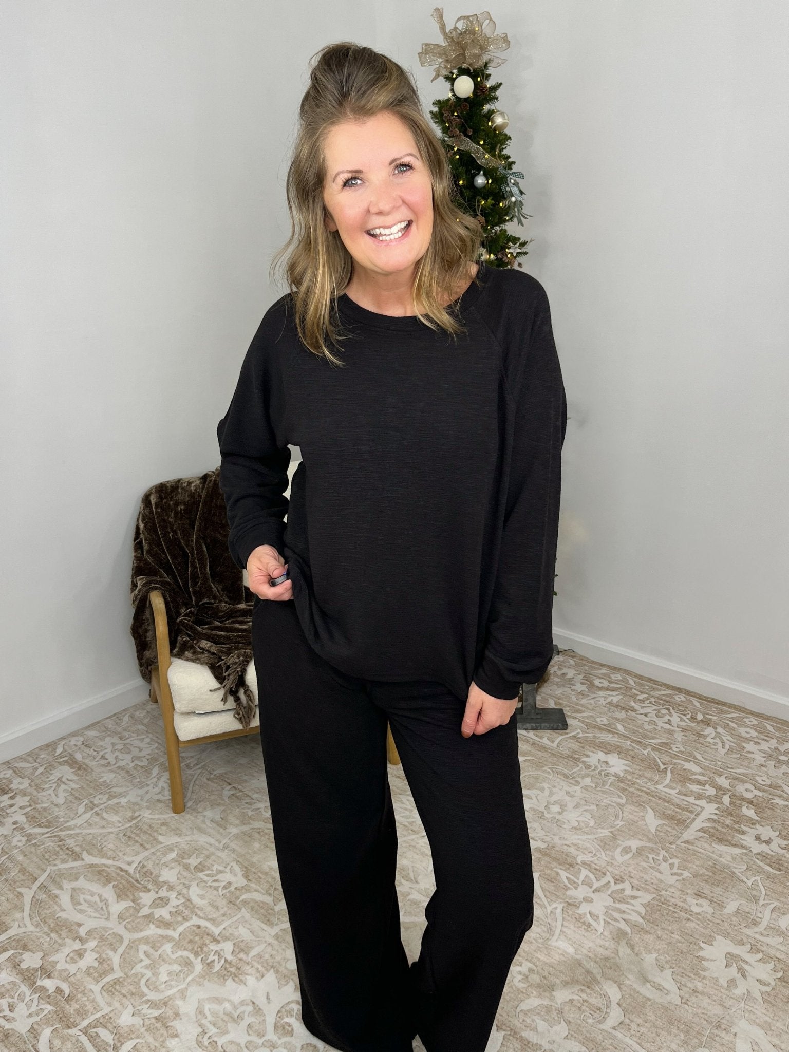 Weekend Mood - 2 Piece Long Sleeve Top & Pants Set - Lavender Hills BeautyZenanaCTCP-3473-BLK-S