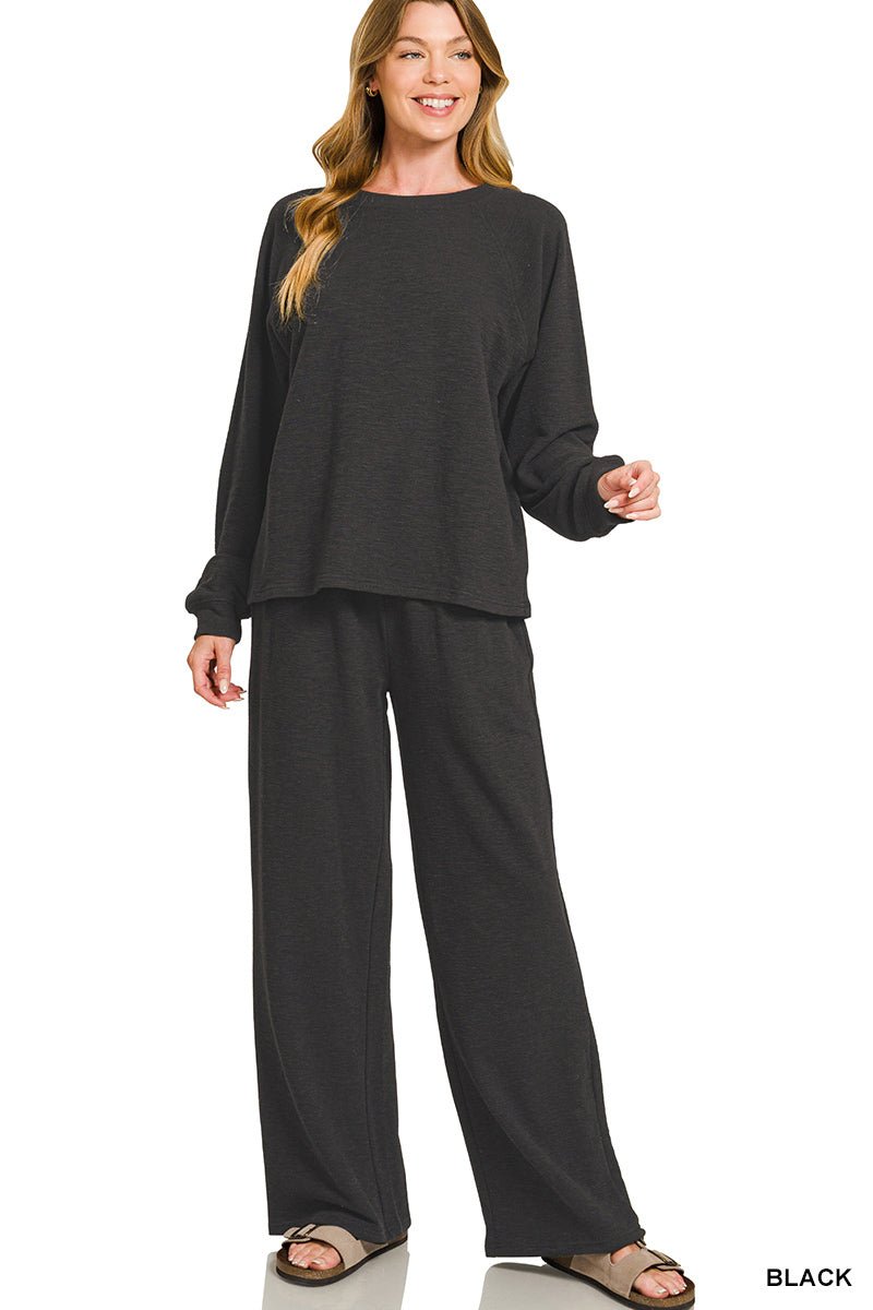 Weekend Mood - 2 Piece Long Sleeve Top &amp; Pants Set - Black - Lavender Hills BeautyZenanaCTCP - 3473 - BLK - S