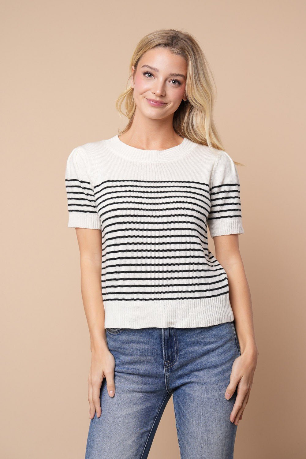 White & Black Striped Lightweight Crew Knit Top - Lavender Hills BeautyWhite BirchT10565XL - S