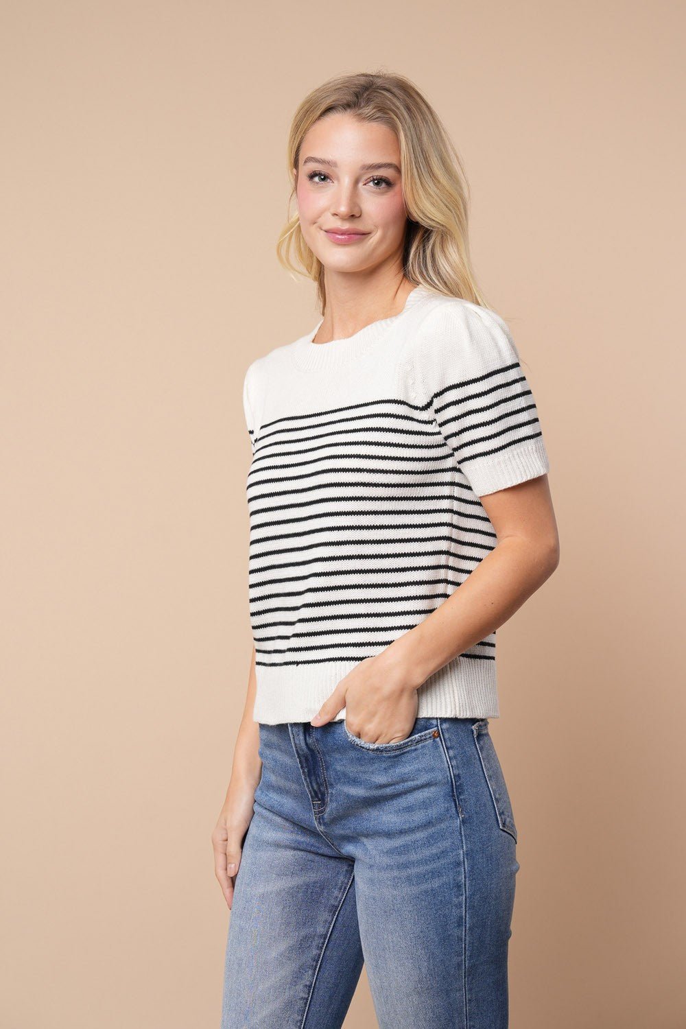 White & Black Striped Lightweight Crew Knit Top - Lavender Hills BeautyWhite BirchT10565XL - S