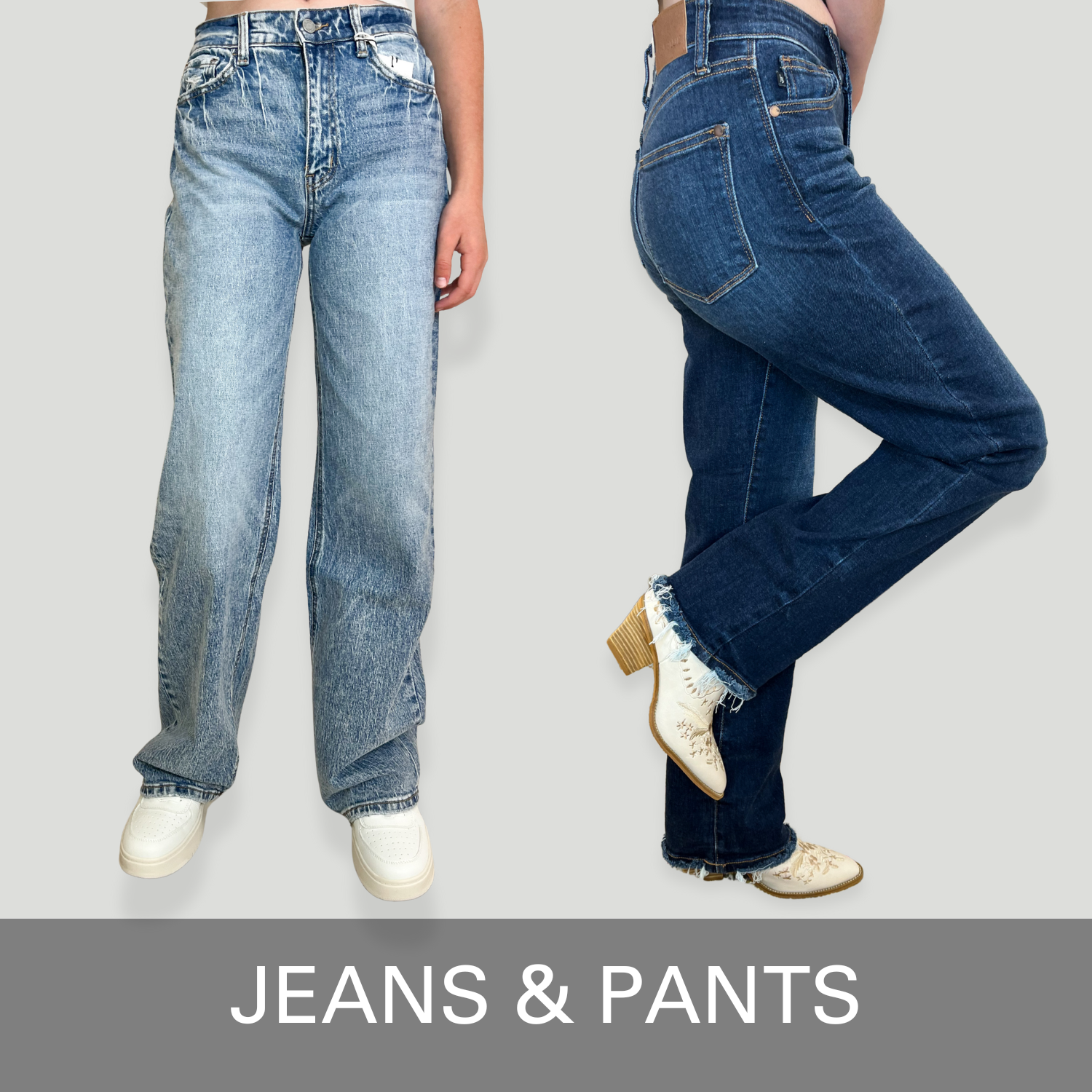 Two pairs of jeans displayed side by side with a gray background and 'JEANS & PANTS' text at the bottom.