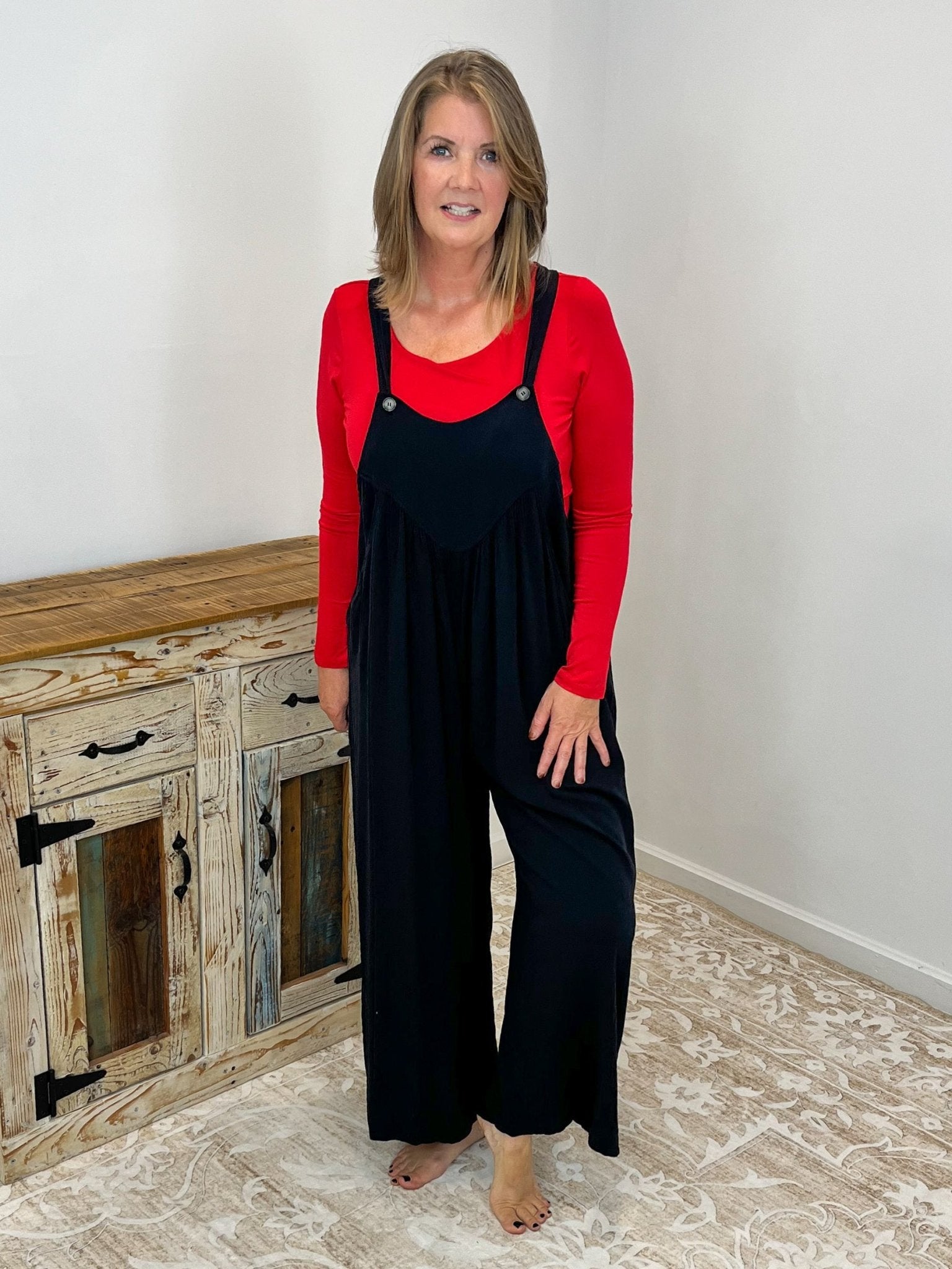 Black Wide Leg Overalls Romper Jumpsuit - Lavender Hills BeautyZenanaQP - 7326Y - BLK - S