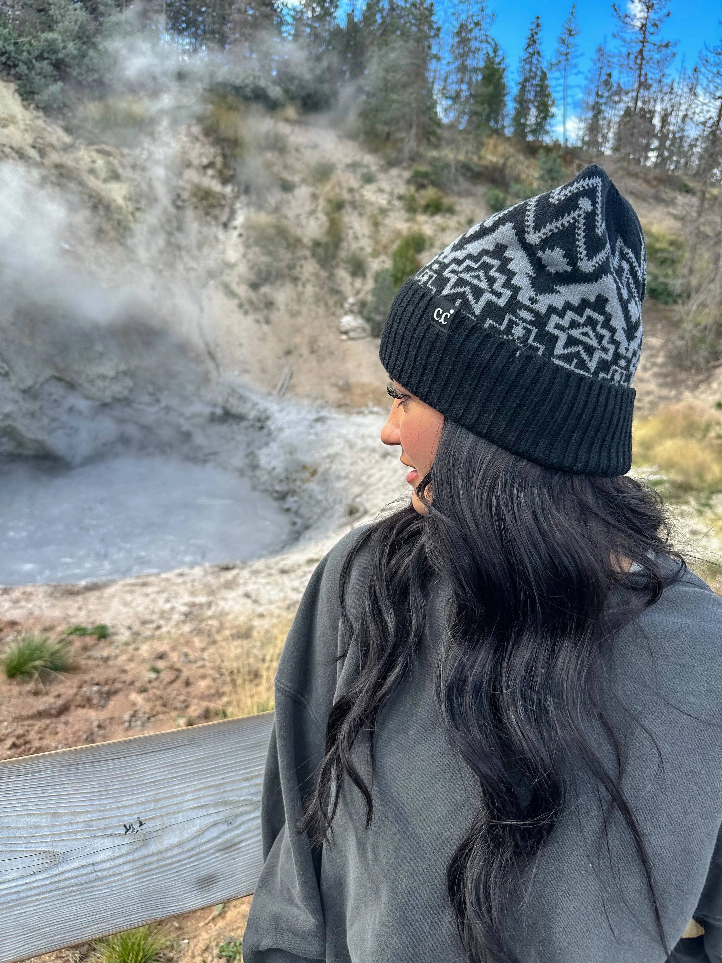 C.C Beanie Unisex Cuffed Southwestern Print Black HME0016