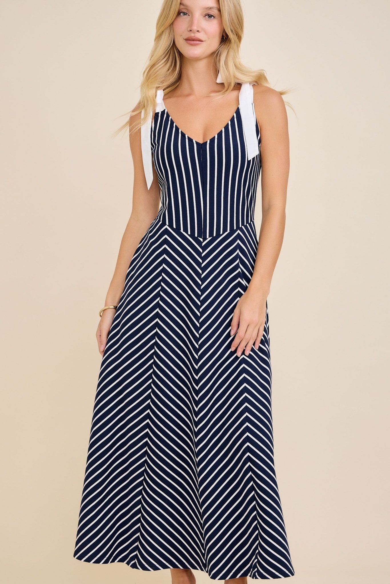 Navy & White Modern Striped Tie - Shoulder A - Line Midi Dress - Lavender Hills BeautyMain StripLD53103-NVY-S
