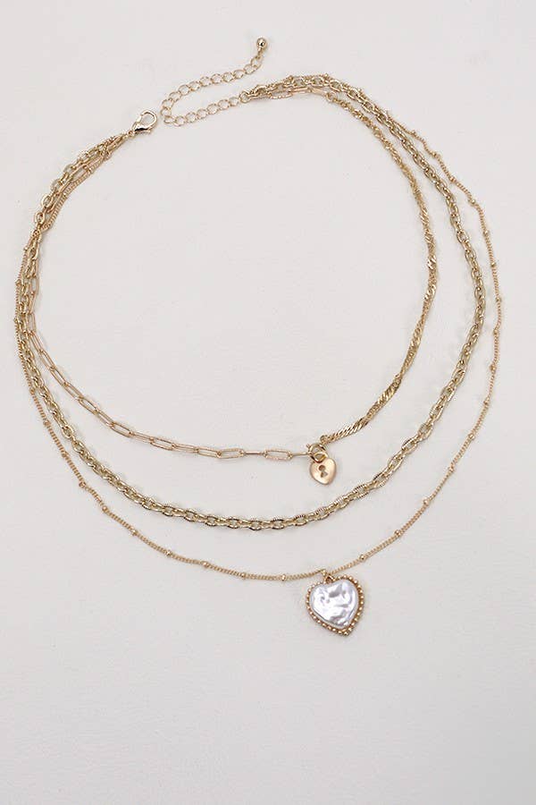 Triple Layer Heart Lock Pearl Gold Necklace - Lavender Hills BeautyJosslyn by Wall to Wall80N354