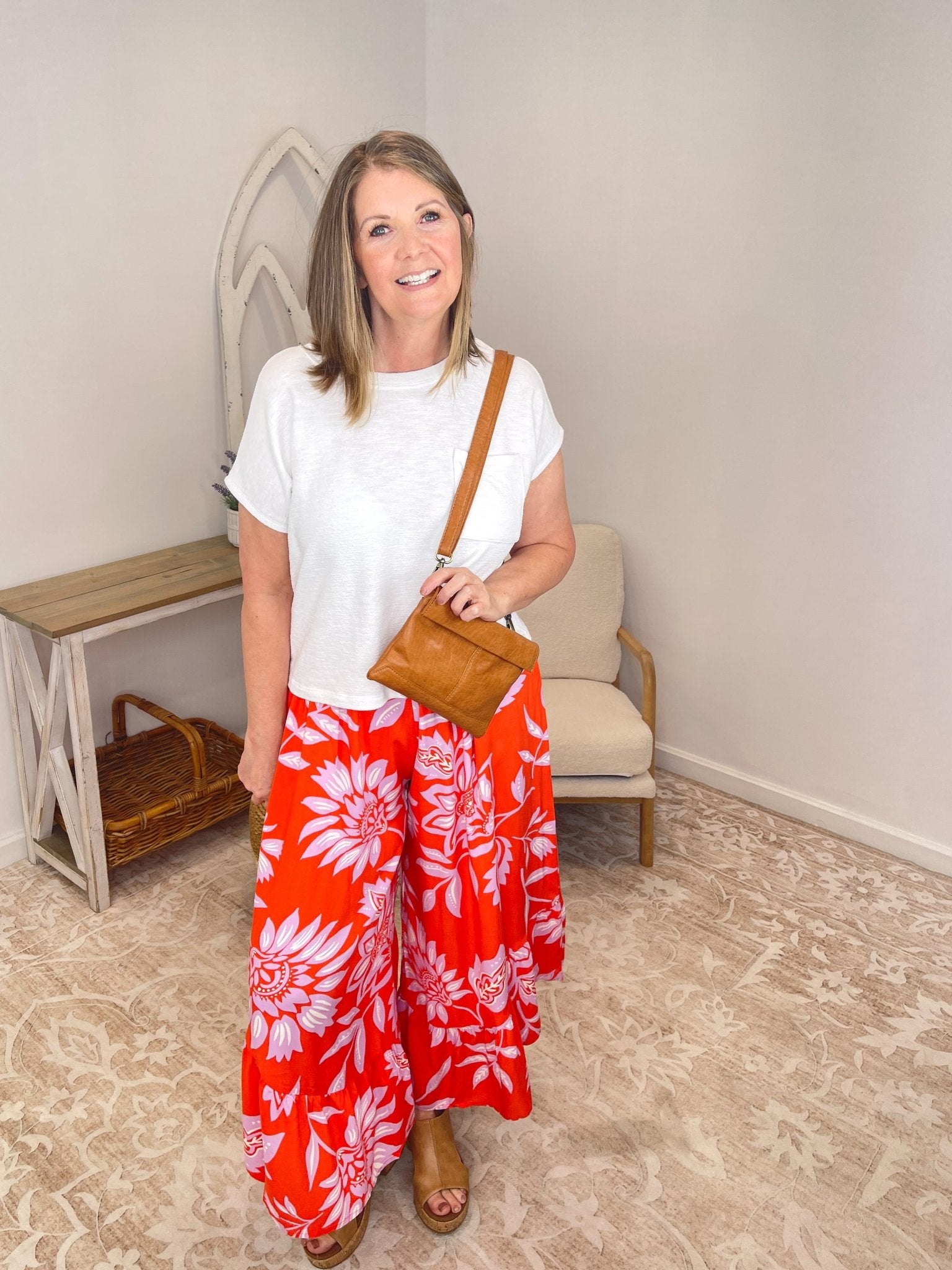 Tropical Coral Floral Ruffle Wide - Leg Boho Pants - Lavender Hills BeautyEaselEB56368-S