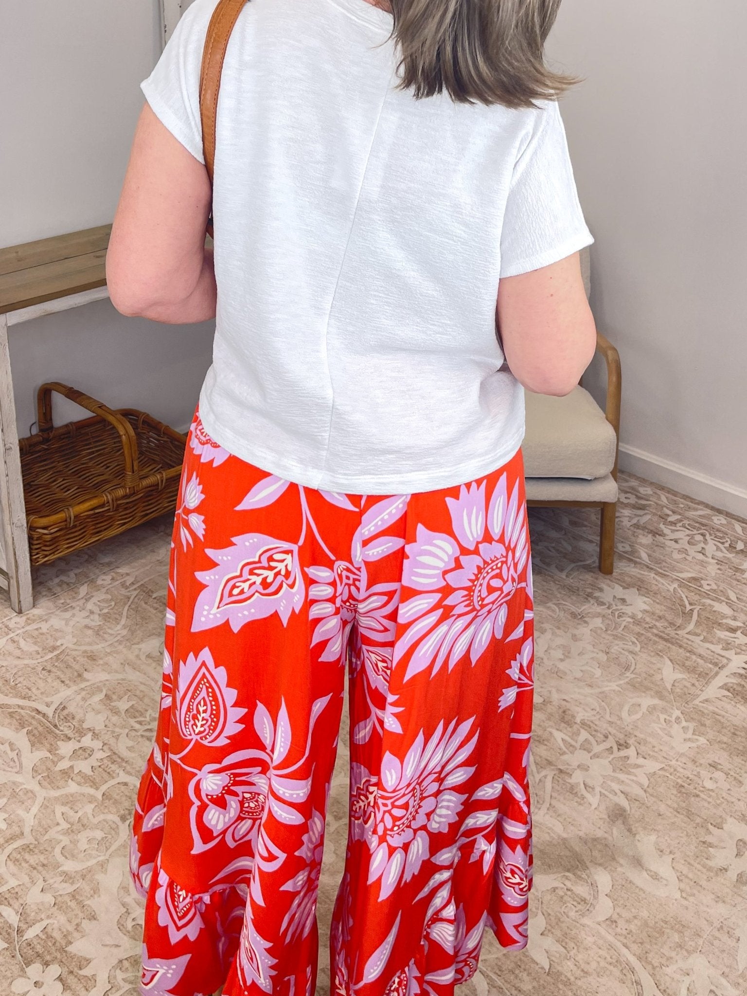 Tropical Coral Floral Ruffle Wide - Leg Boho Pants - Lavender Hills BeautyEaselEB56368-S