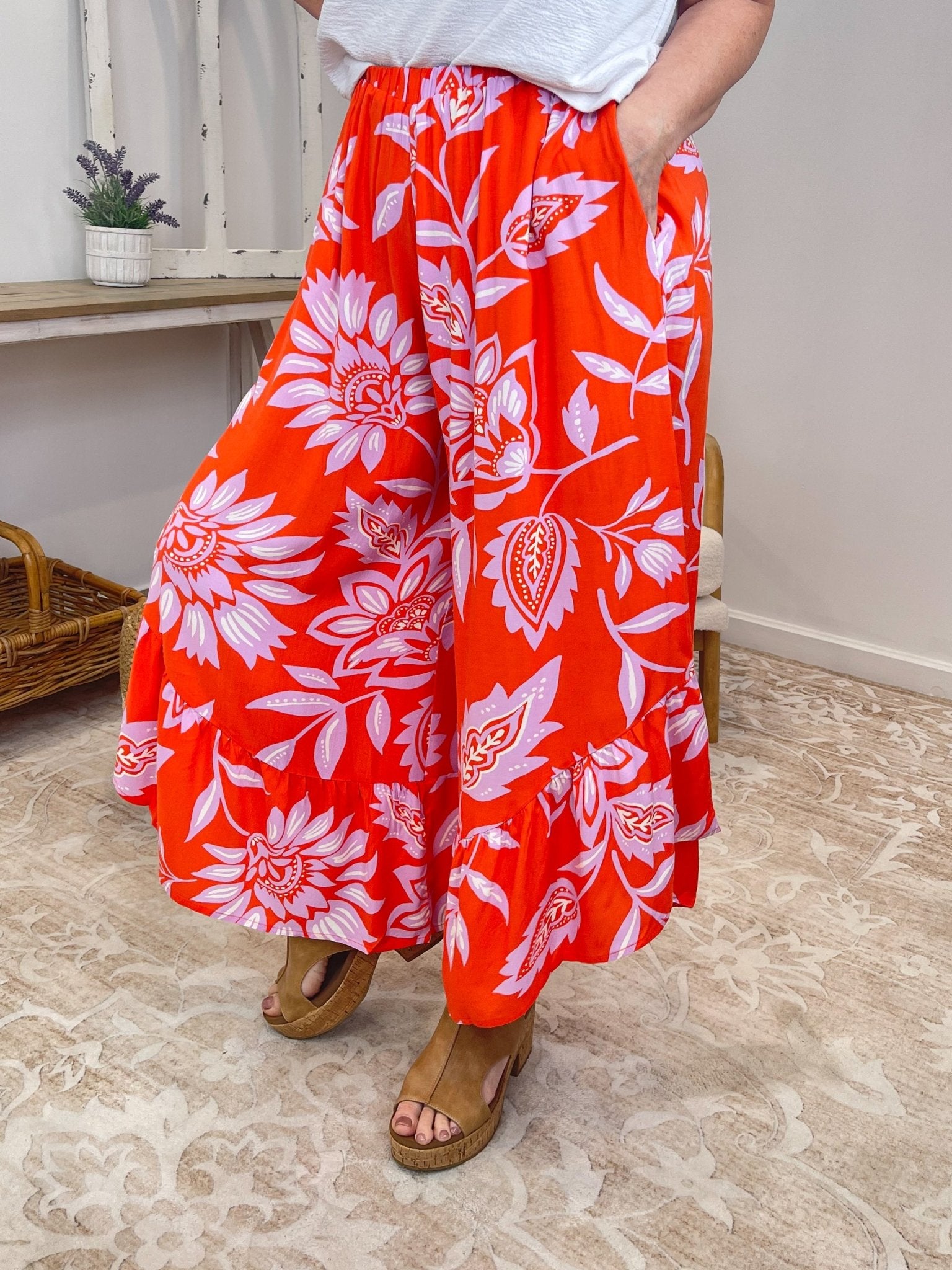 Tropical Coral Floral Ruffle Wide - Leg Boho Pants - Lavender Hills BeautyEaselEB56368-S