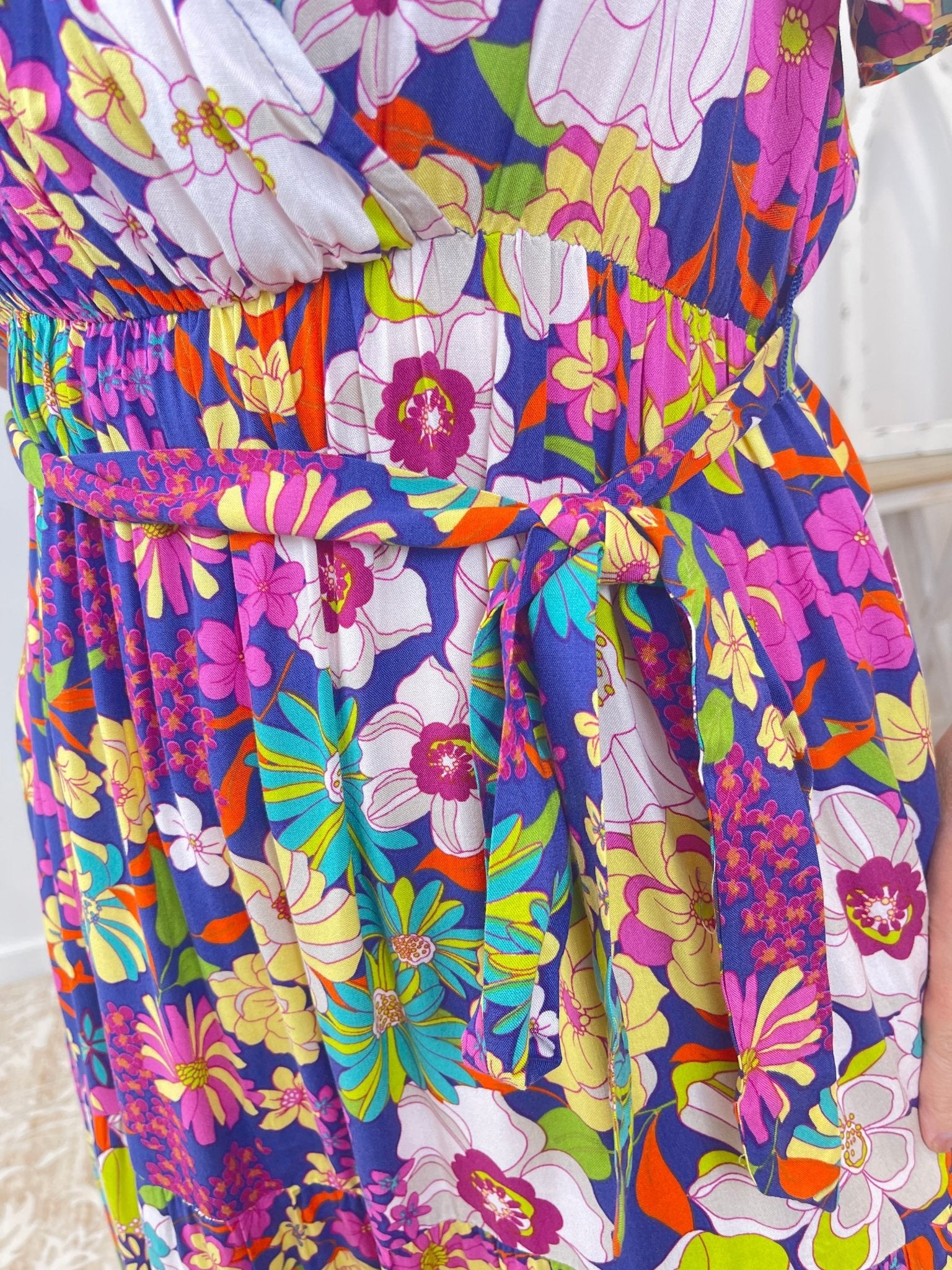 Midnight Garden Floral Maxi Dress - Boho V - Neck Wrap with Pockets - Lavender Hills BeautyEaselED71116A-S